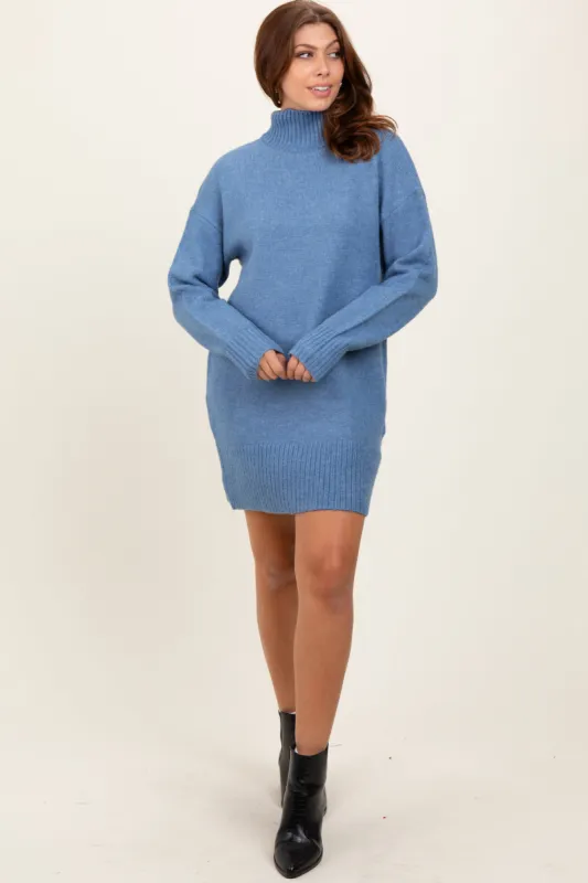 Blue Chunky Knit Turtleneck Mini Sweater Dress sold by Pinkblush