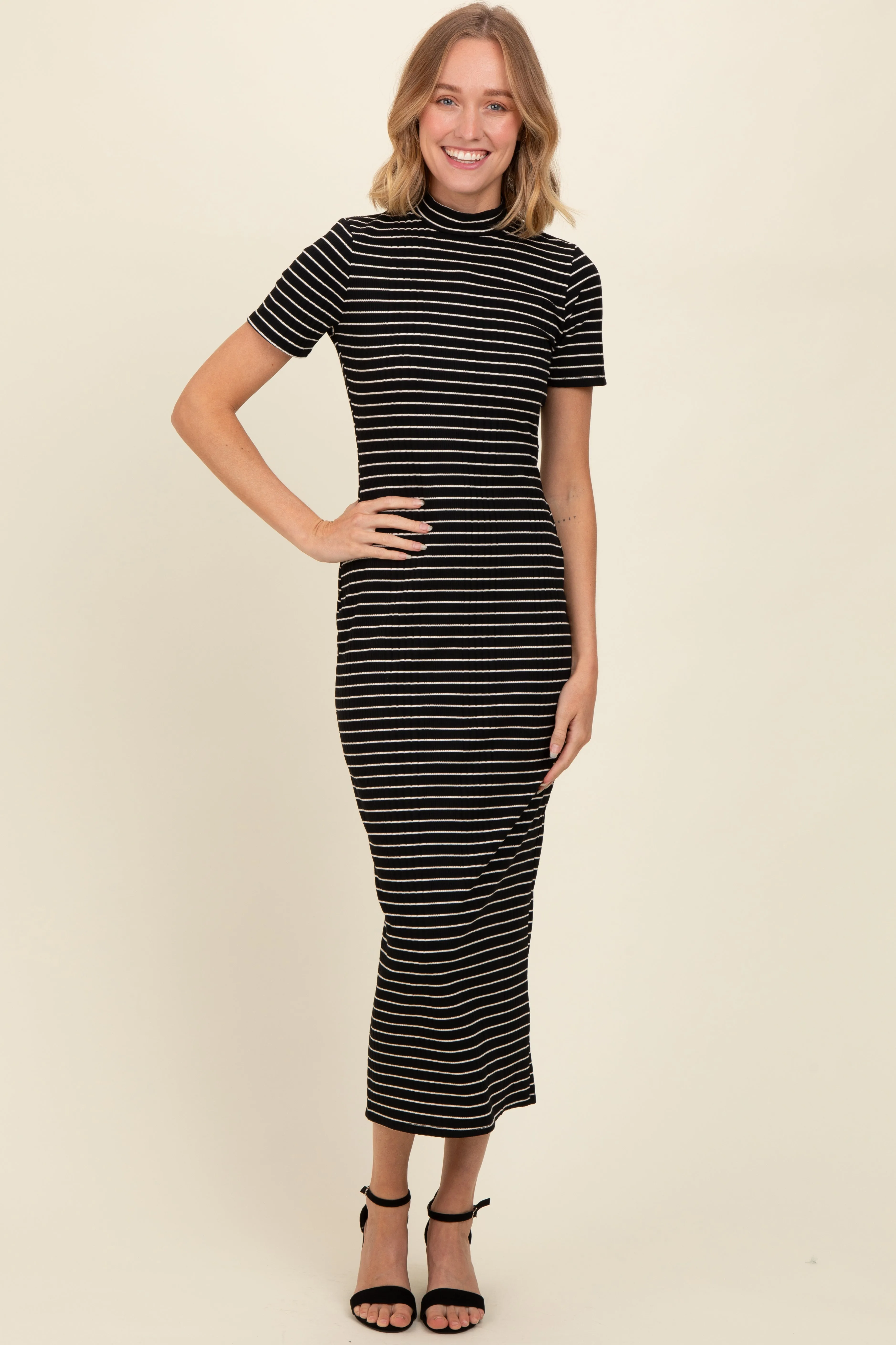 Black Striped Mock Neck Fitted Midi Dress sold by Pinkblush