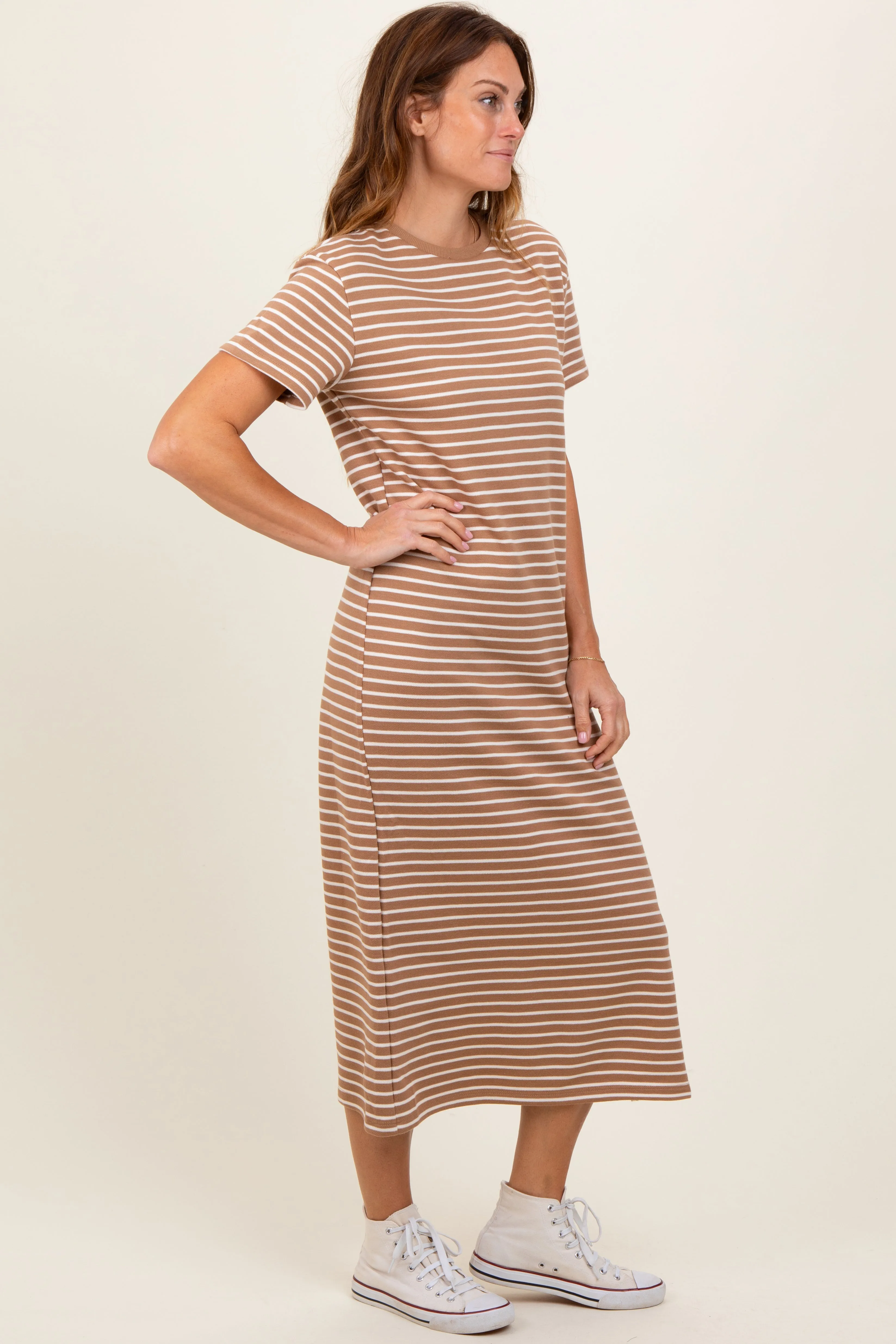 Rust Striped Short Sleeve Side Slit T-Shirt Midi Dress sold by Pinkblush product image thumbnail 3