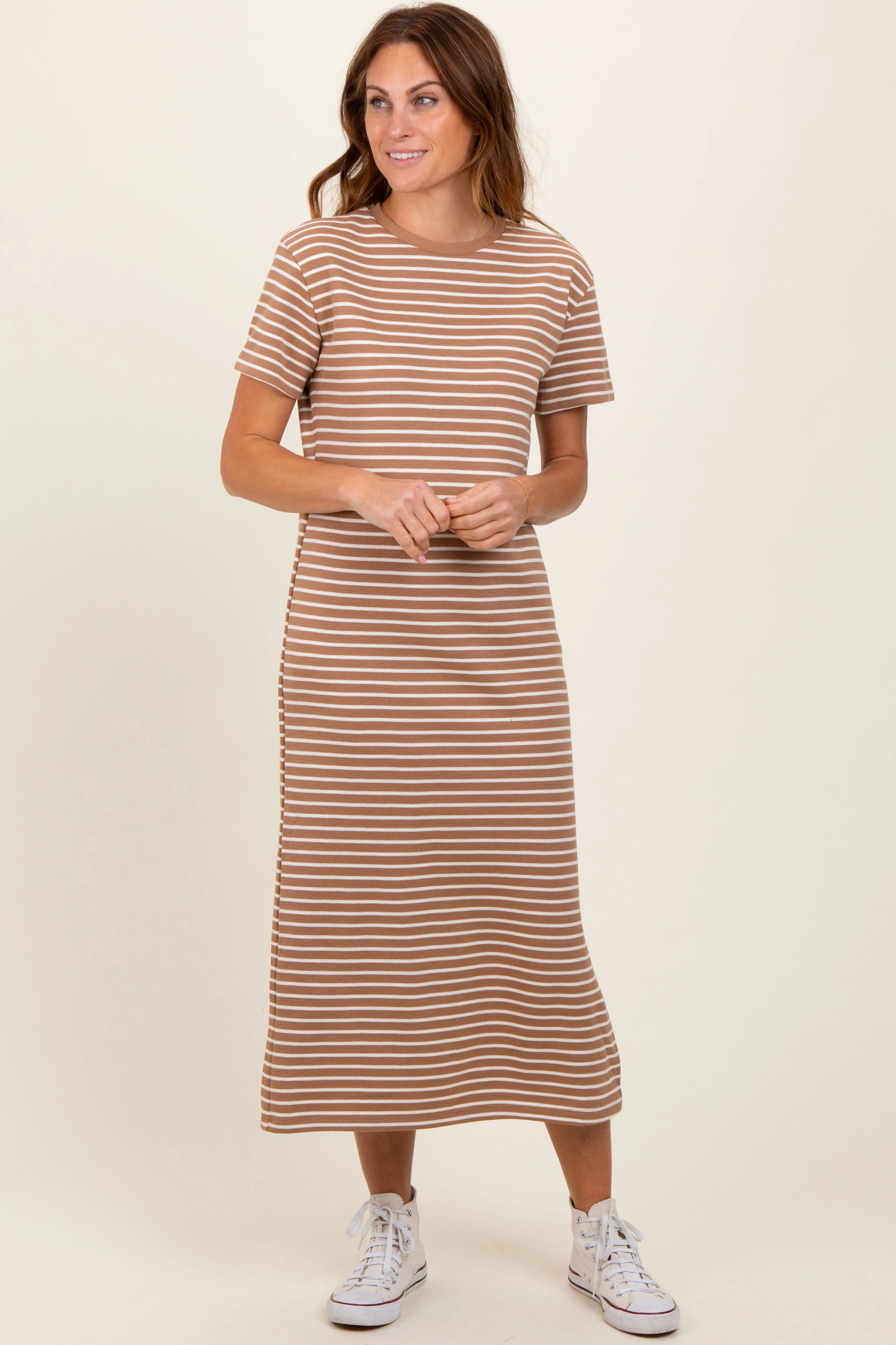 Rust Striped Short Sleeve Side Slit T-Shirt Midi Dress sold by Pinkblush