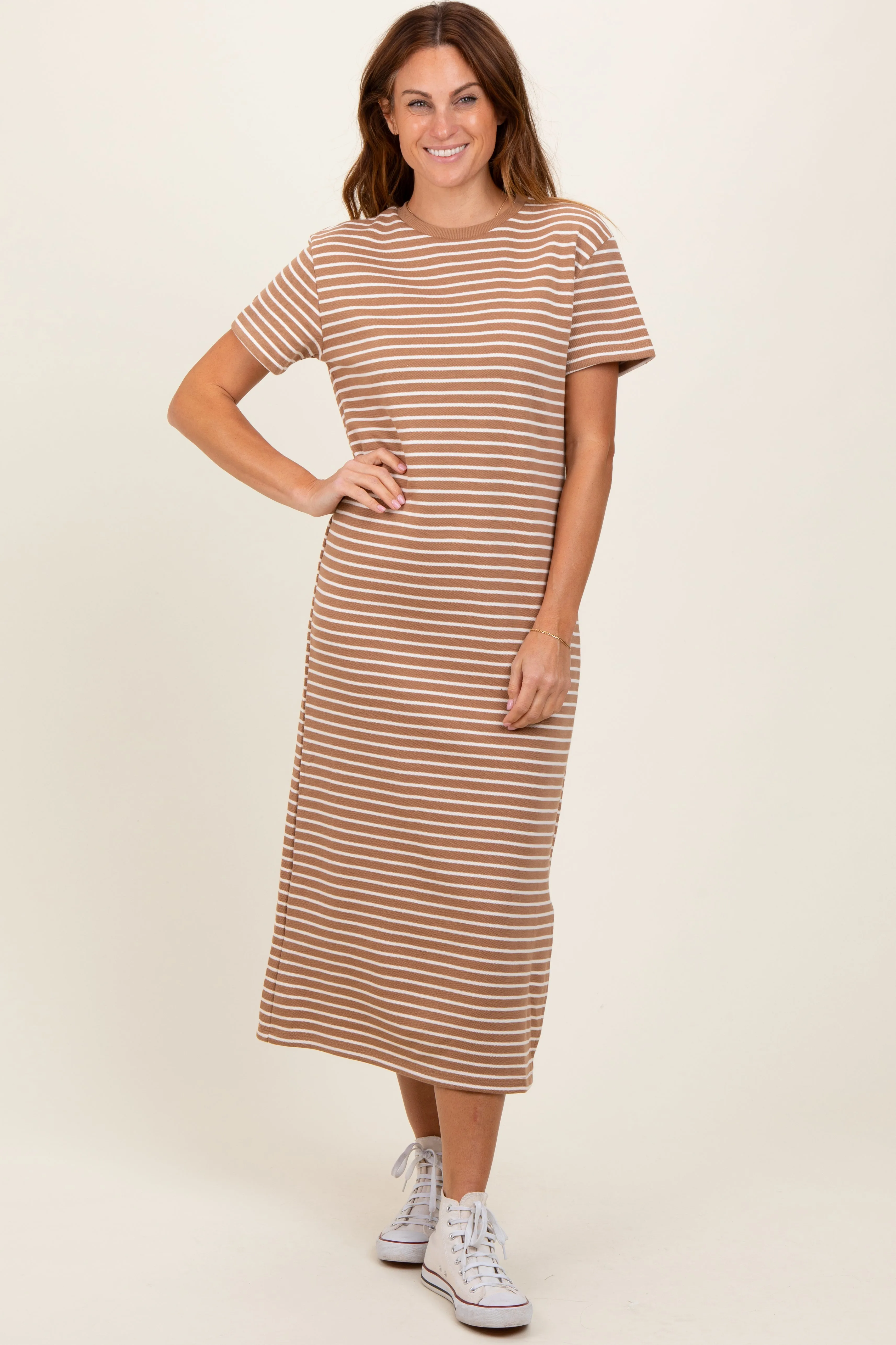Rust Striped Short Sleeve Side Slit T-Shirt Midi Dress sold by Pinkblush product image thumbnail 2