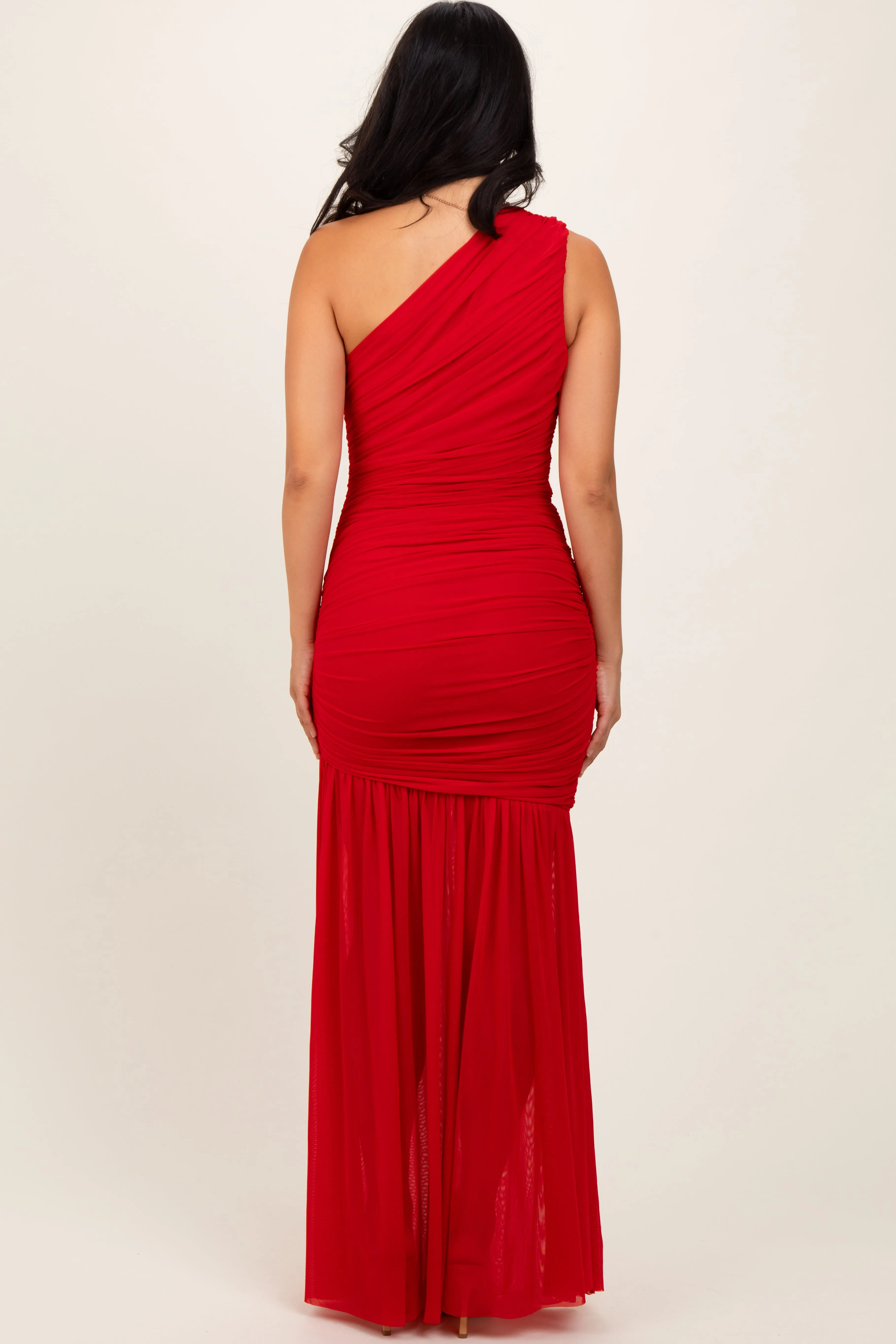 Red Ruched Mesh One Shoulder Maxi Dress sold by Pinkblush product image thumbnail 4