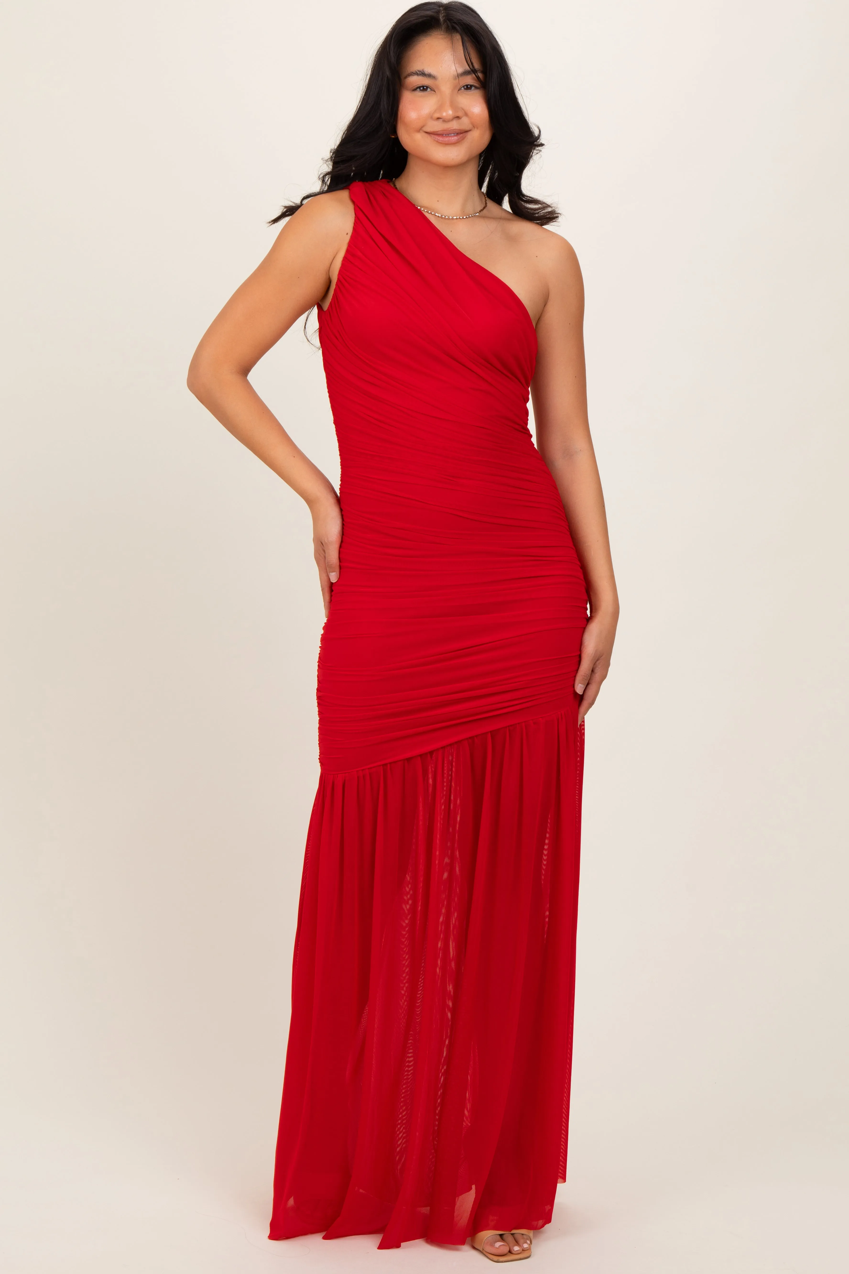 Red Ruched Mesh One Shoulder Maxi Dress sold by Pinkblush