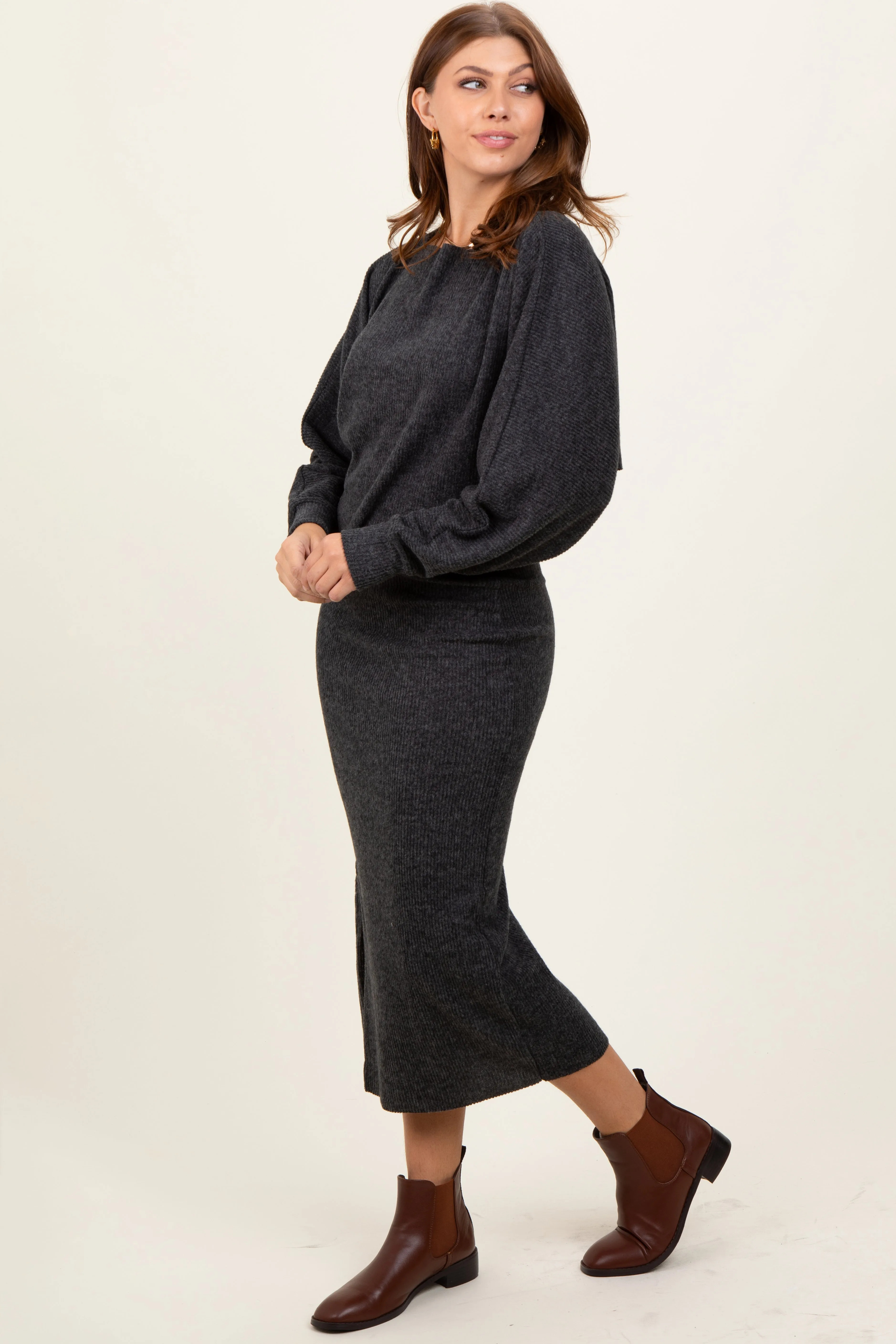 Charcoal Ribbed Knit Asymmetric Top Midi Skirt Set sold by Pinkblush product image thumbnail 3