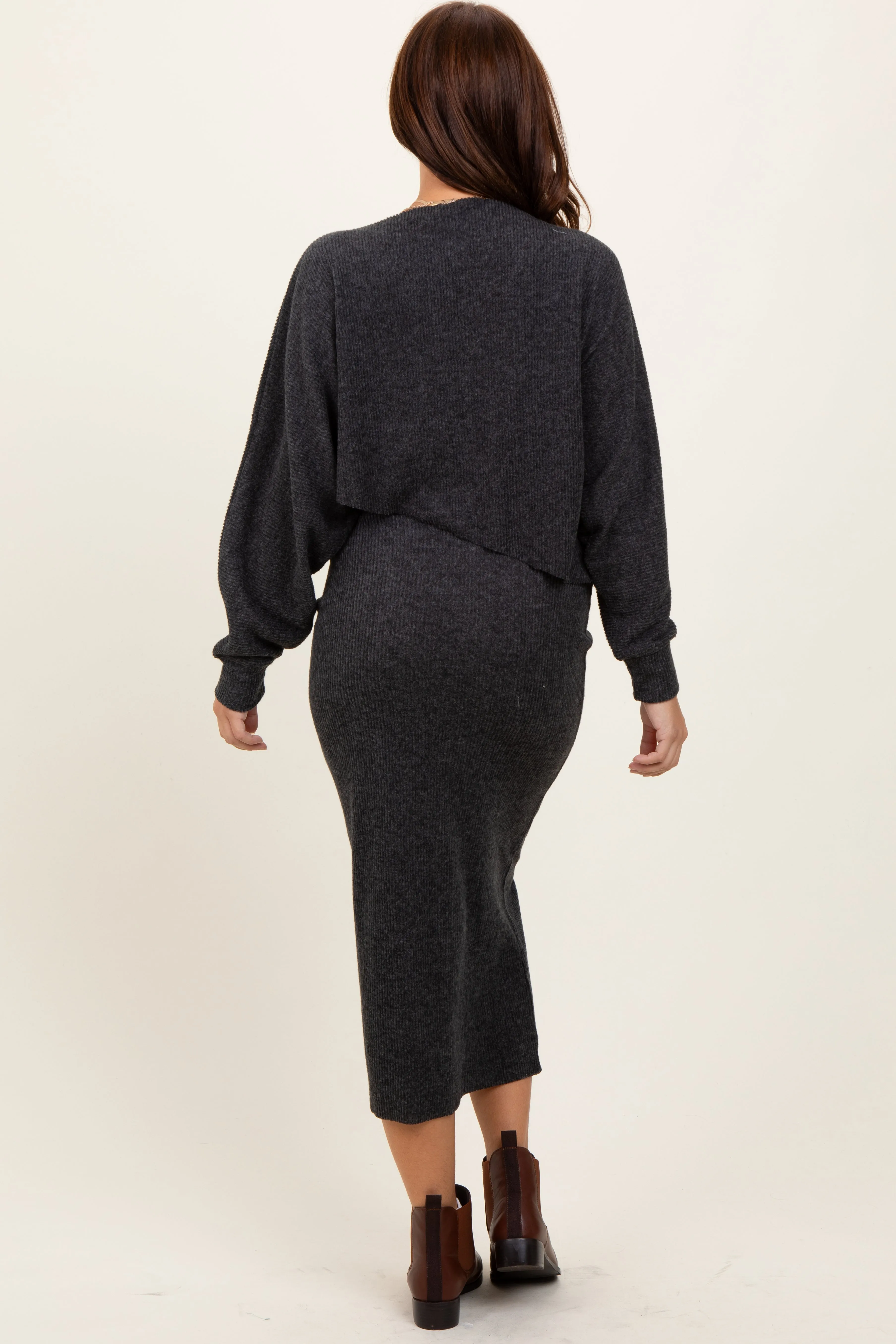 Charcoal Ribbed Knit Asymmetric Top Midi Skirt Set sold by Pinkblush product image thumbnail 4