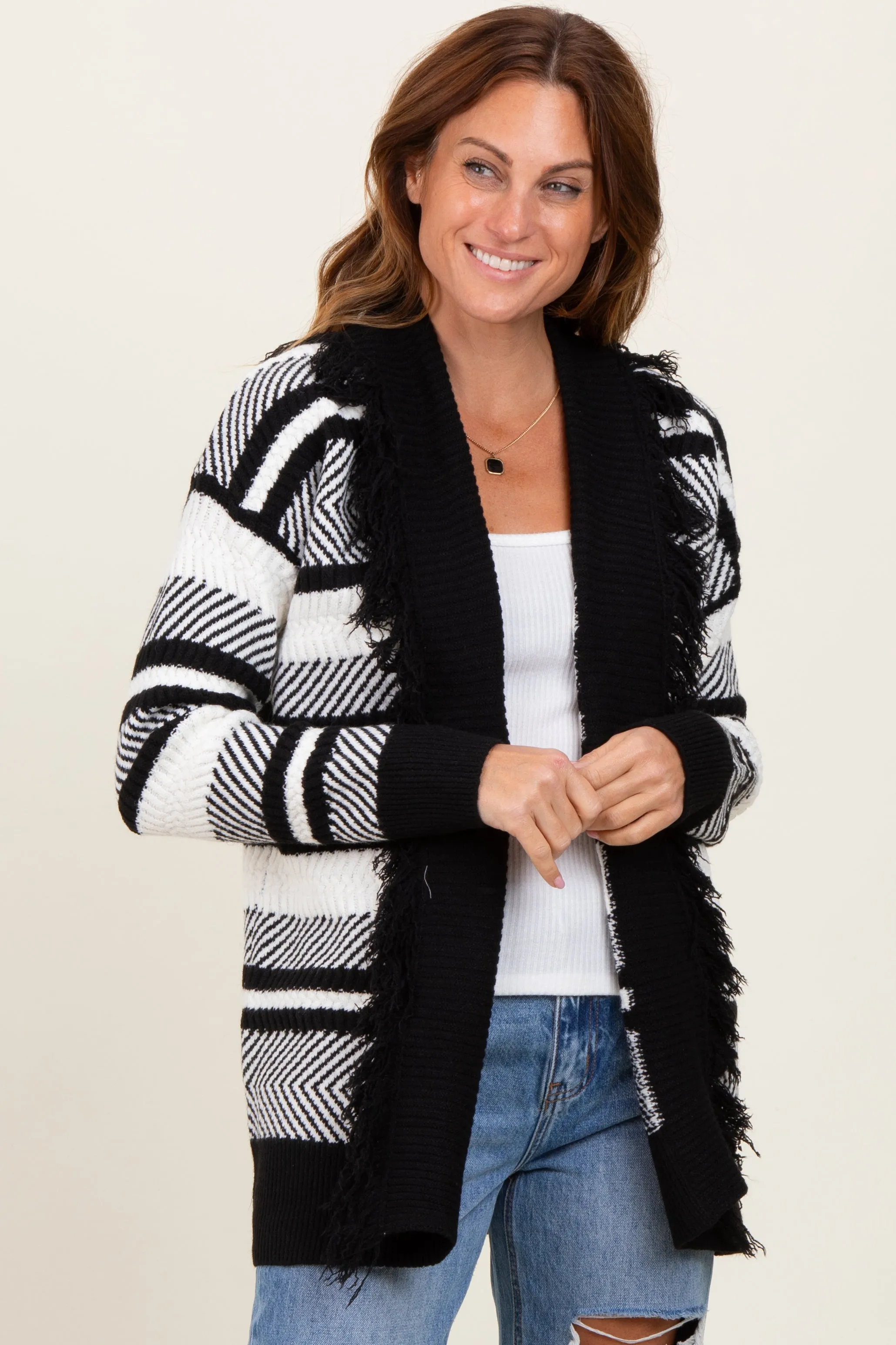 Black Mixed Stripe Fringe Shawl Collar Cardigan sold by Pinkblush product image thumbnail 2