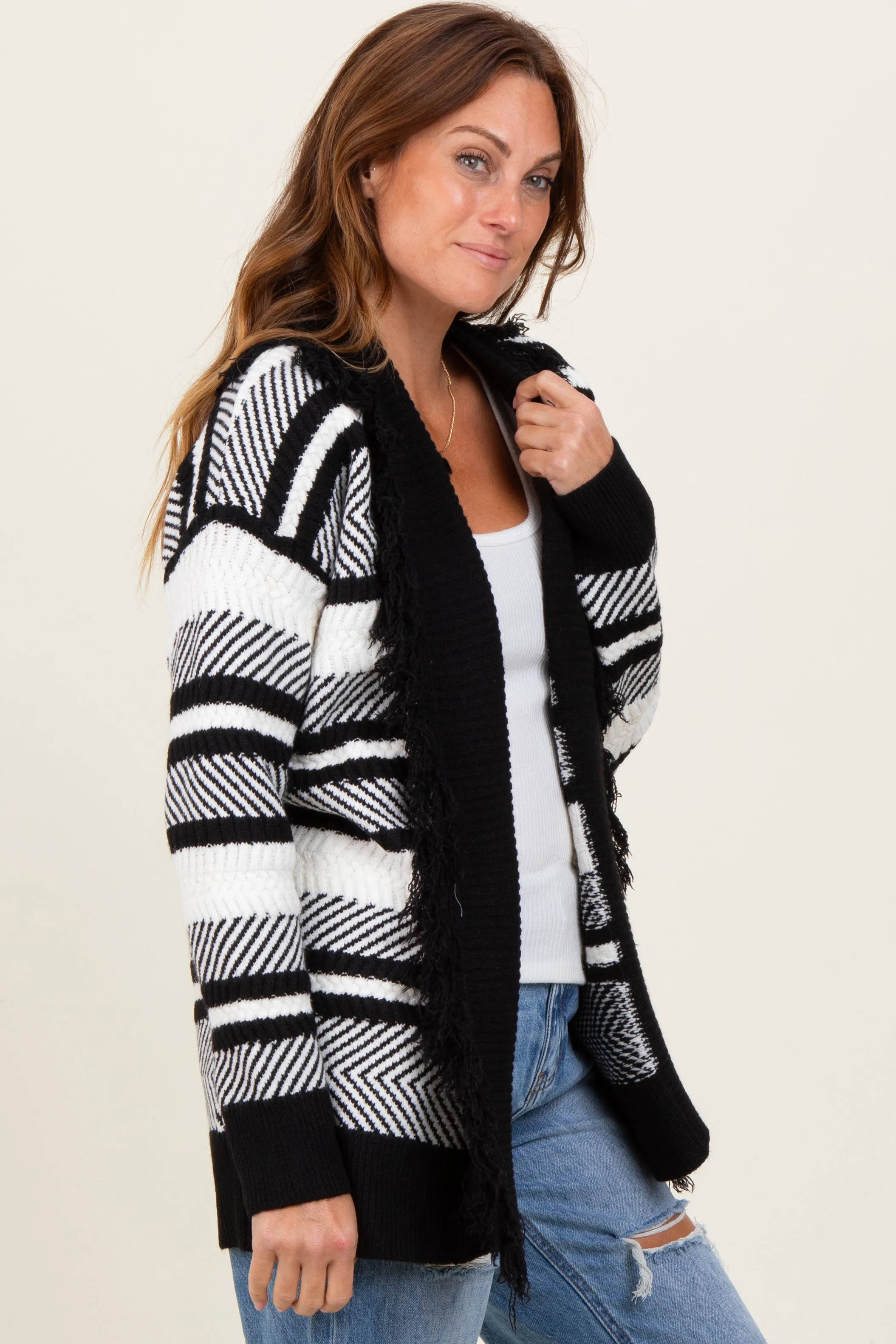 Black Mixed Stripe Fringe Shawl Collar Cardigan sold by Pinkblush product image thumbnail 3