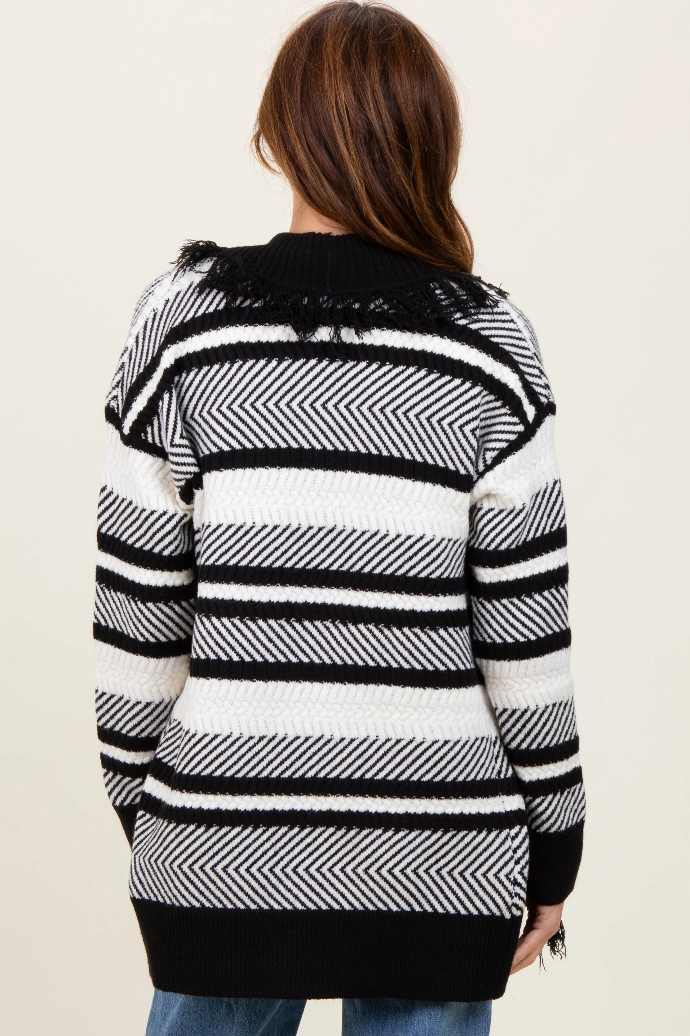 Black Mixed Stripe Fringe Shawl Collar Cardigan sold by Pinkblush product image thumbnail 4