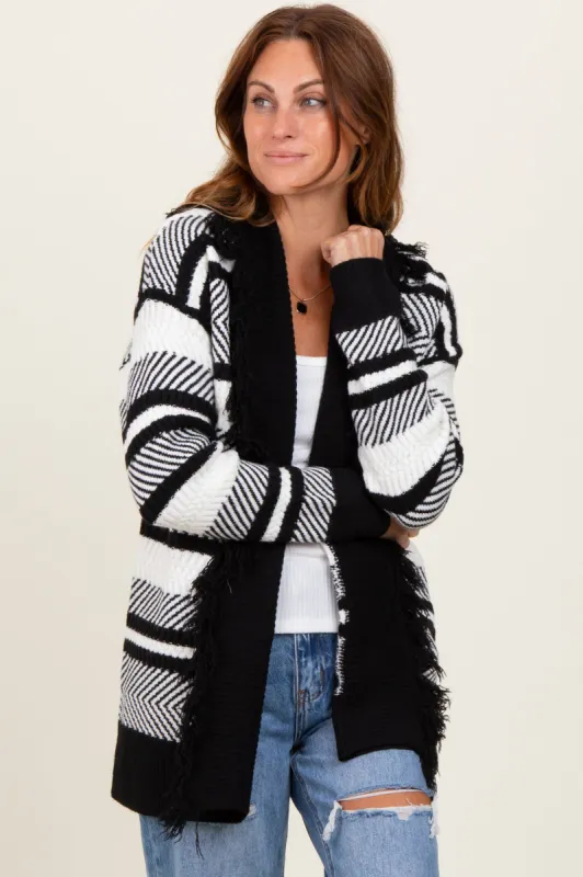 Black Mixed Stripe Fringe Shawl Collar Cardigan sold by Pinkblush