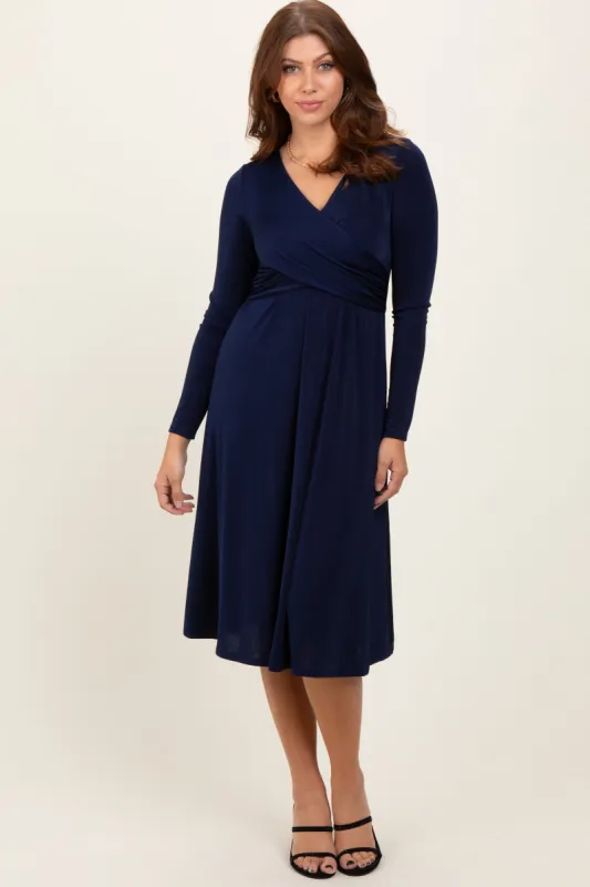 Navy Crossover V-Neckline Long Sleeve Nursing Dress sold by Pinkblush