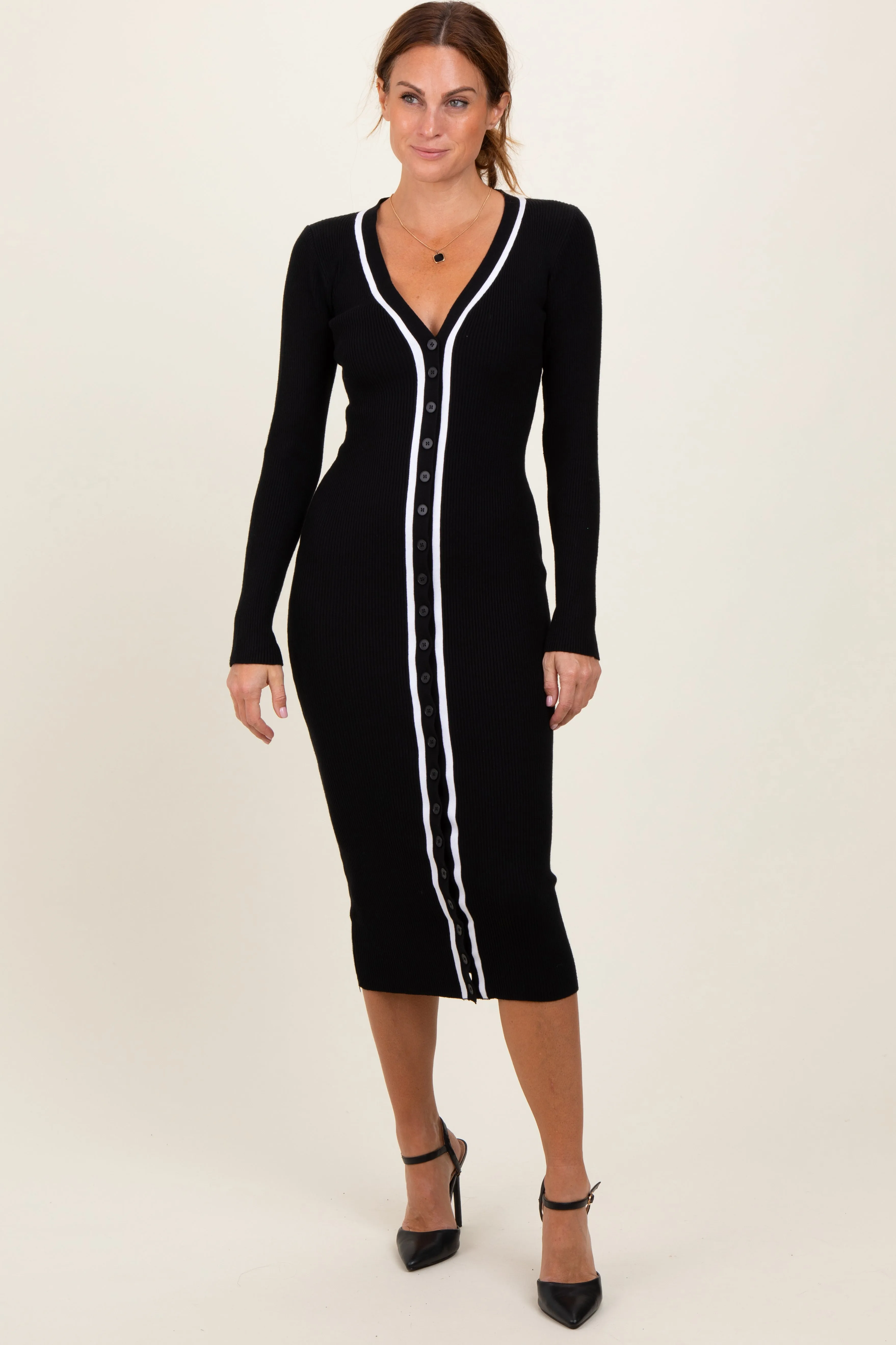 Black Knit Contrast Stripe Button Down Maternity Dress sold by Pinkblush product image thumbnail 4