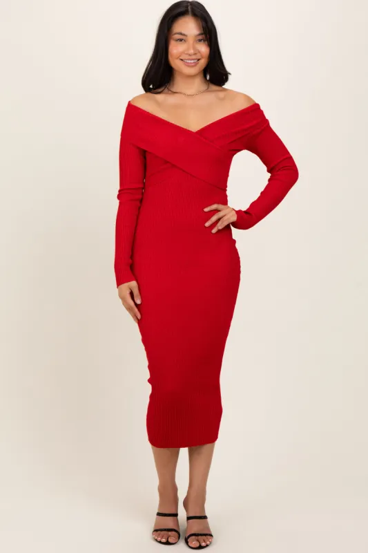 Red Ribbed Crossover Off Shoulder Midi Dress sold by Pinkblush