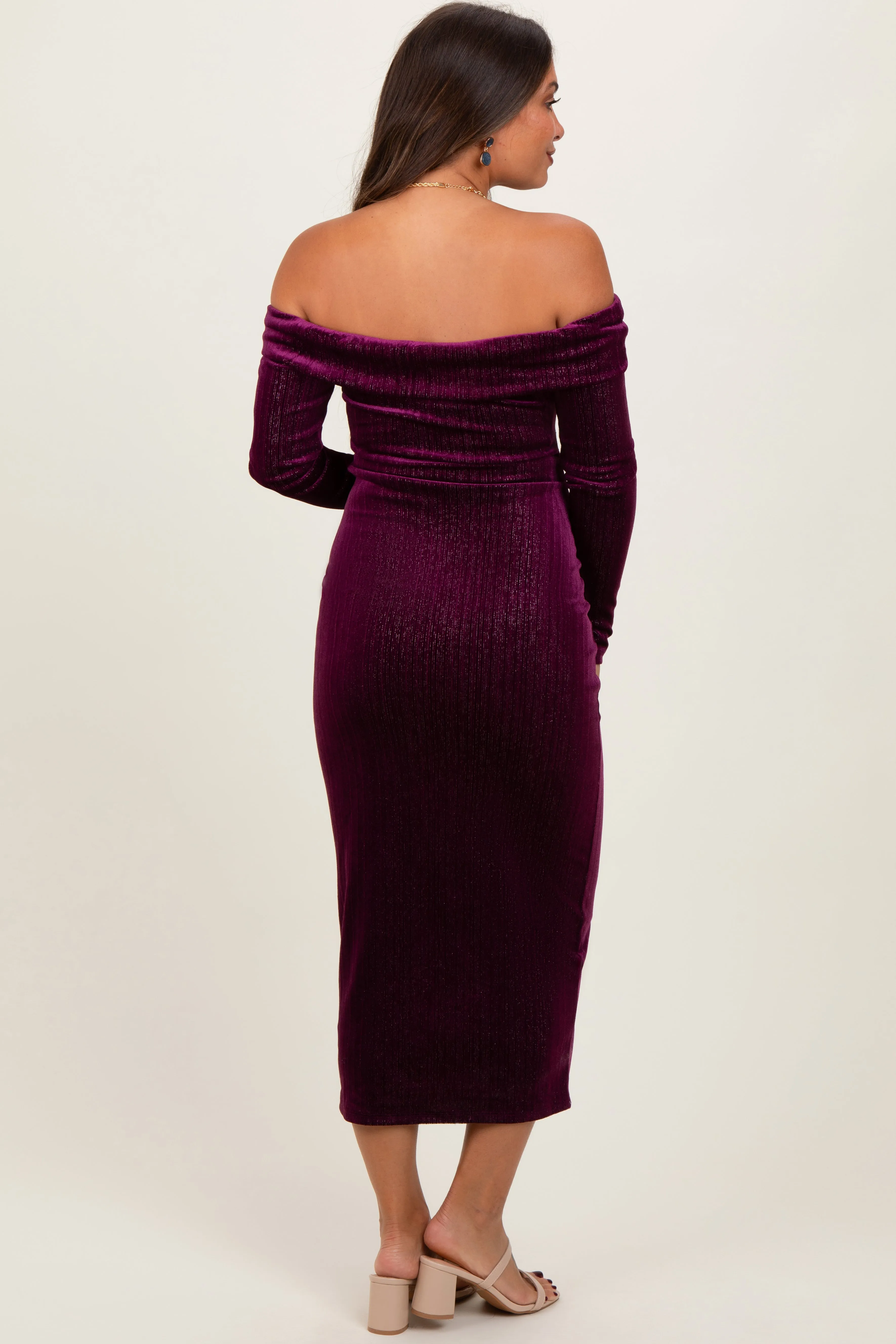 Plum Shiny Velour Off Shoulder Maternity Midi Dress sold by Pinkblush product image thumbnail 3