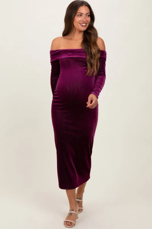 Plum Shiny Velour Off Shoulder Maternity Midi Dress sold by Pinkblush