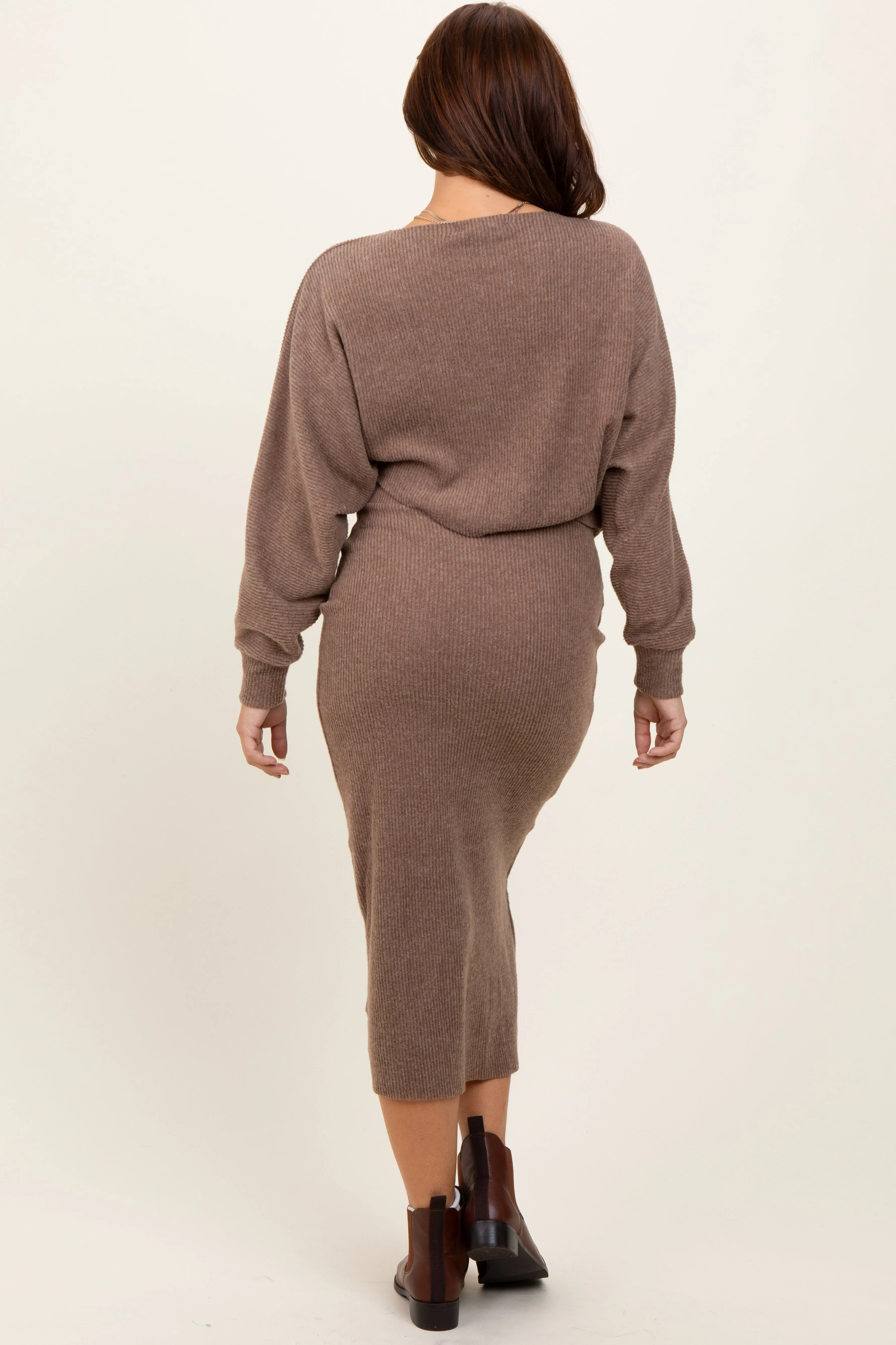 Mocha Ribbed Knit Asymmetric Top Midi Skirt Set sold by Pinkblush product image thumbnail 4