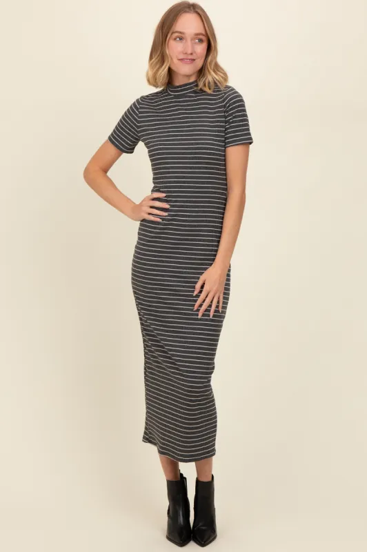 Charcoal Striped Mock Neck Fitted Midi Dress sold by Pinkblush