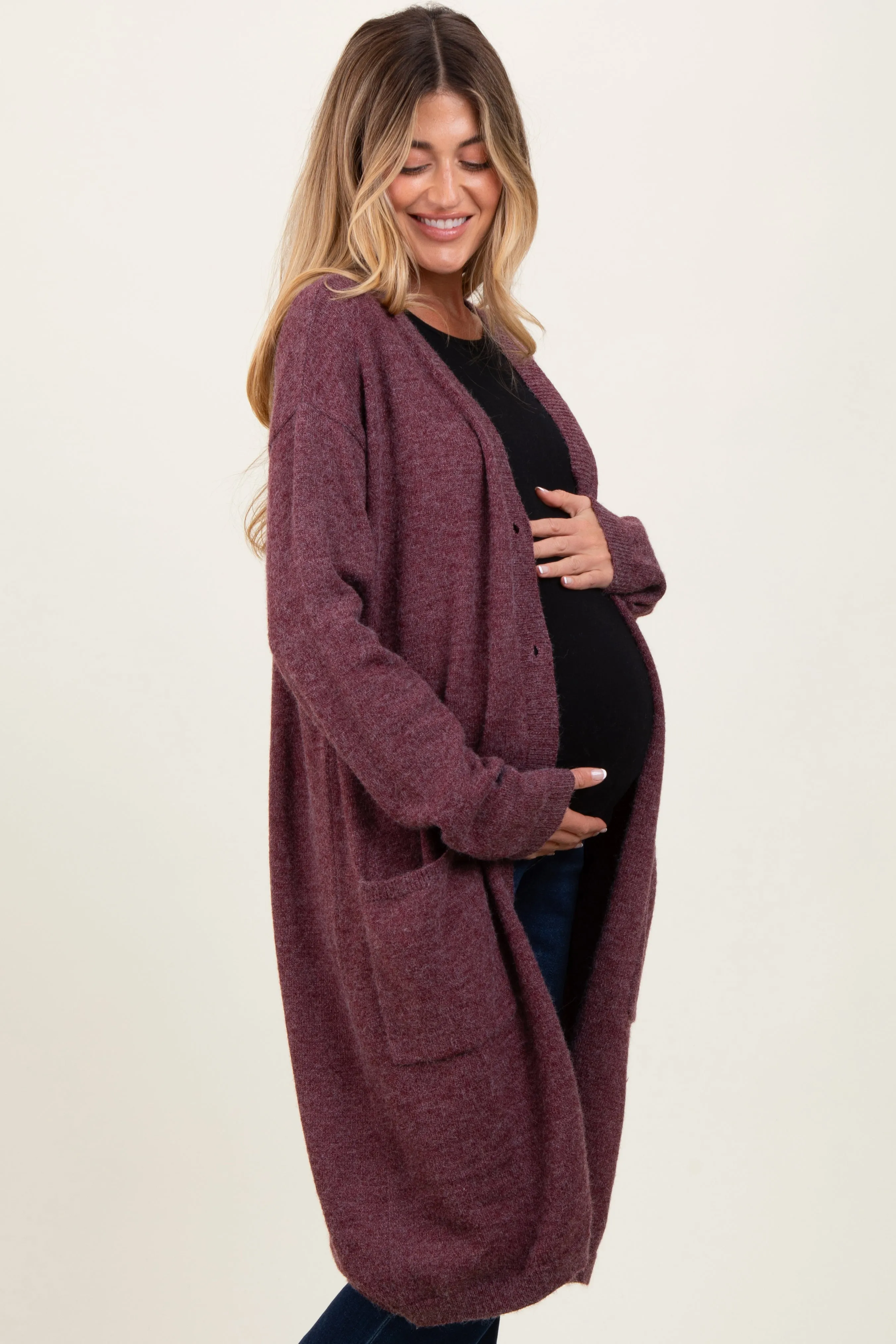 Plum Button Down V-Neck Long Maternity Cardigan sold by Pinkblush product image thumbnail 3