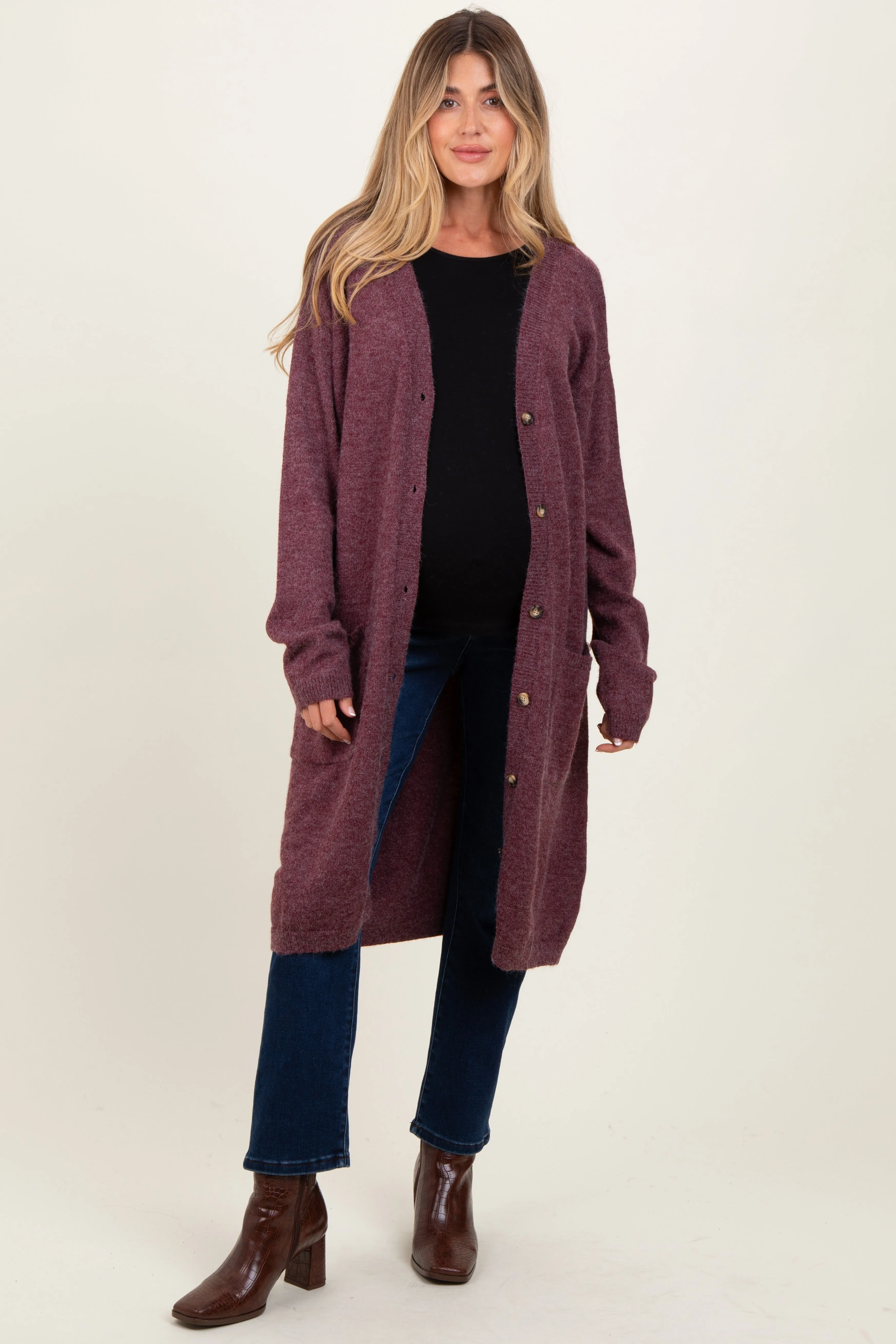 Plum Button Down V-Neck Long Maternity Cardigan sold by Pinkblush