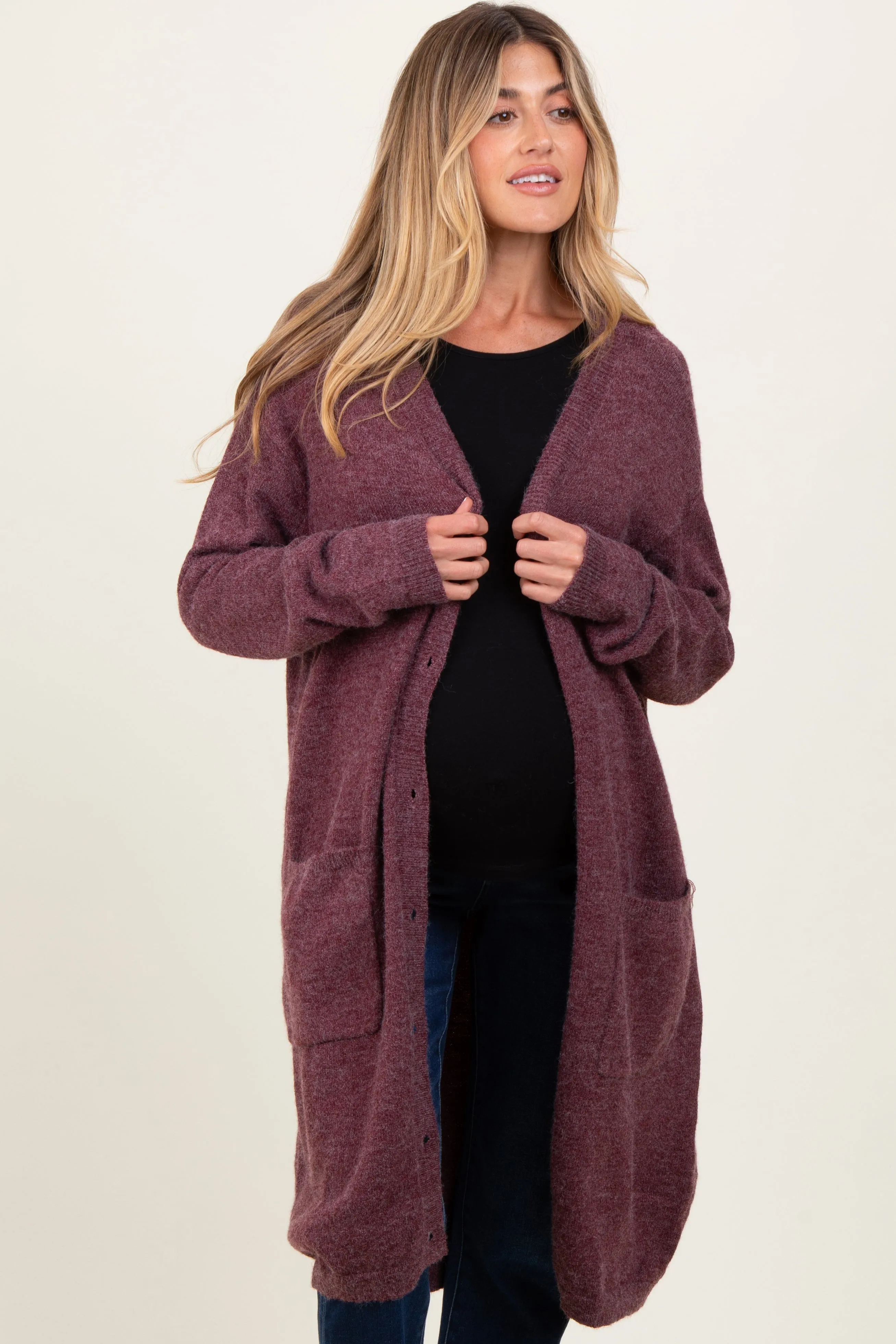 Plum Button Down V-Neck Long Maternity Cardigan sold by Pinkblush product image thumbnail 2