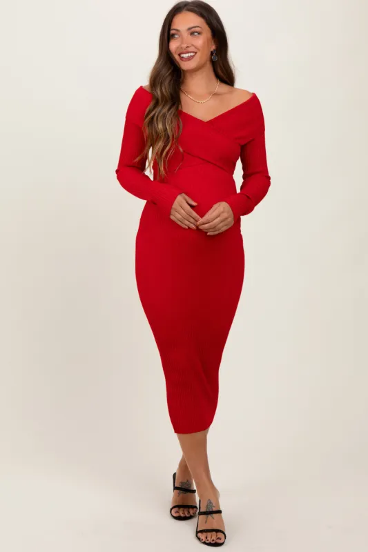 Red Ribbed Crossover Off Shoulder Maternity Midi Dress sold by Pinkblush