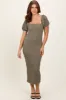 Olive Textured Square Neck Puff Sleeve Maternity Midi Dress sold by Pinkblush