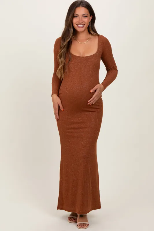 Mocha Basic Square Neck Long Sleeve Maternity Maxi Dress sold by Pinkblush