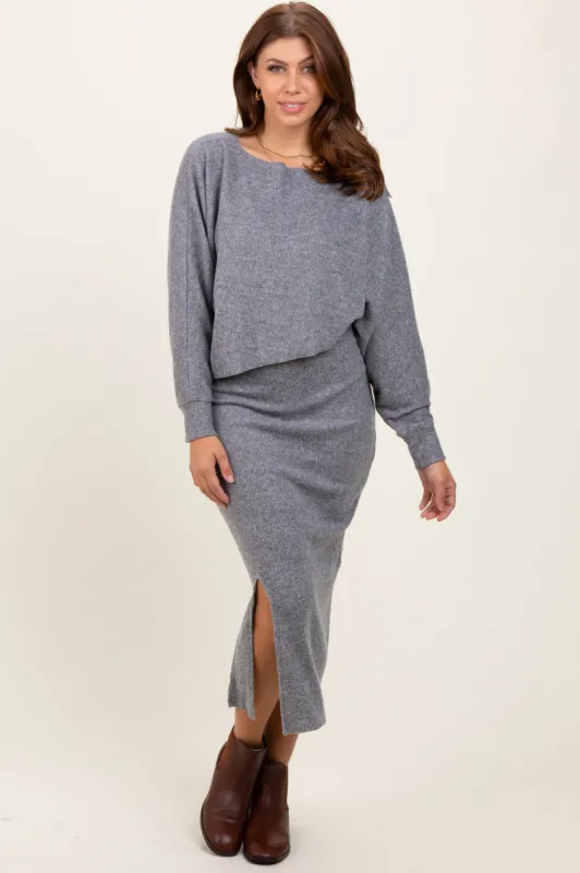 Heather Grey Ribbed Knit Asymmetric Top Midi Skirt Set sold by Pinkblush