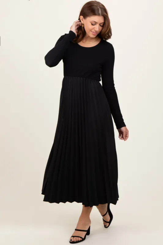 Black Knit Contrast Pleated Skirt Midi Dress sold by Pinkblush