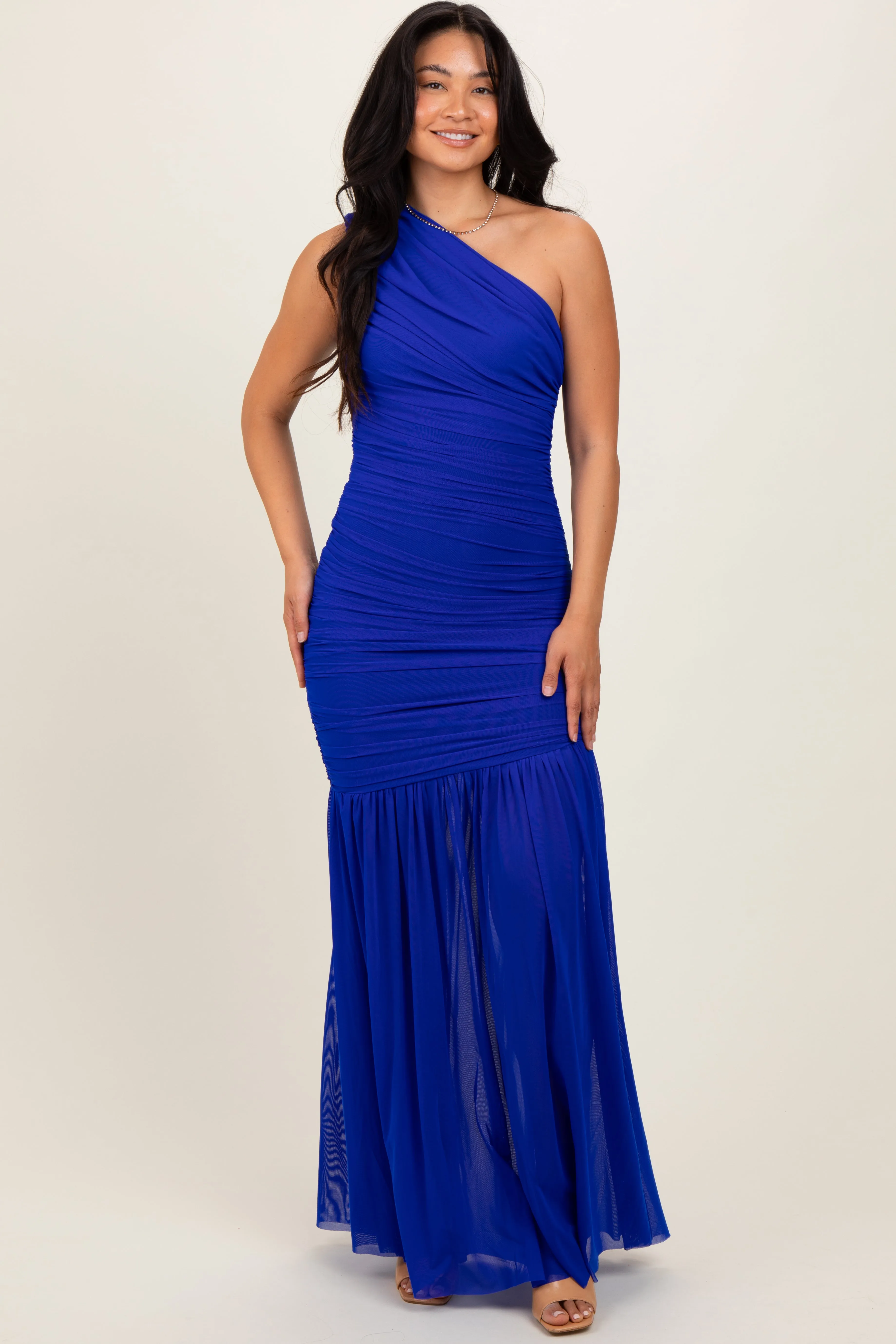 Royal Blue Ruched Mesh One Shoulder Maxi Dress sold by Pinkblush