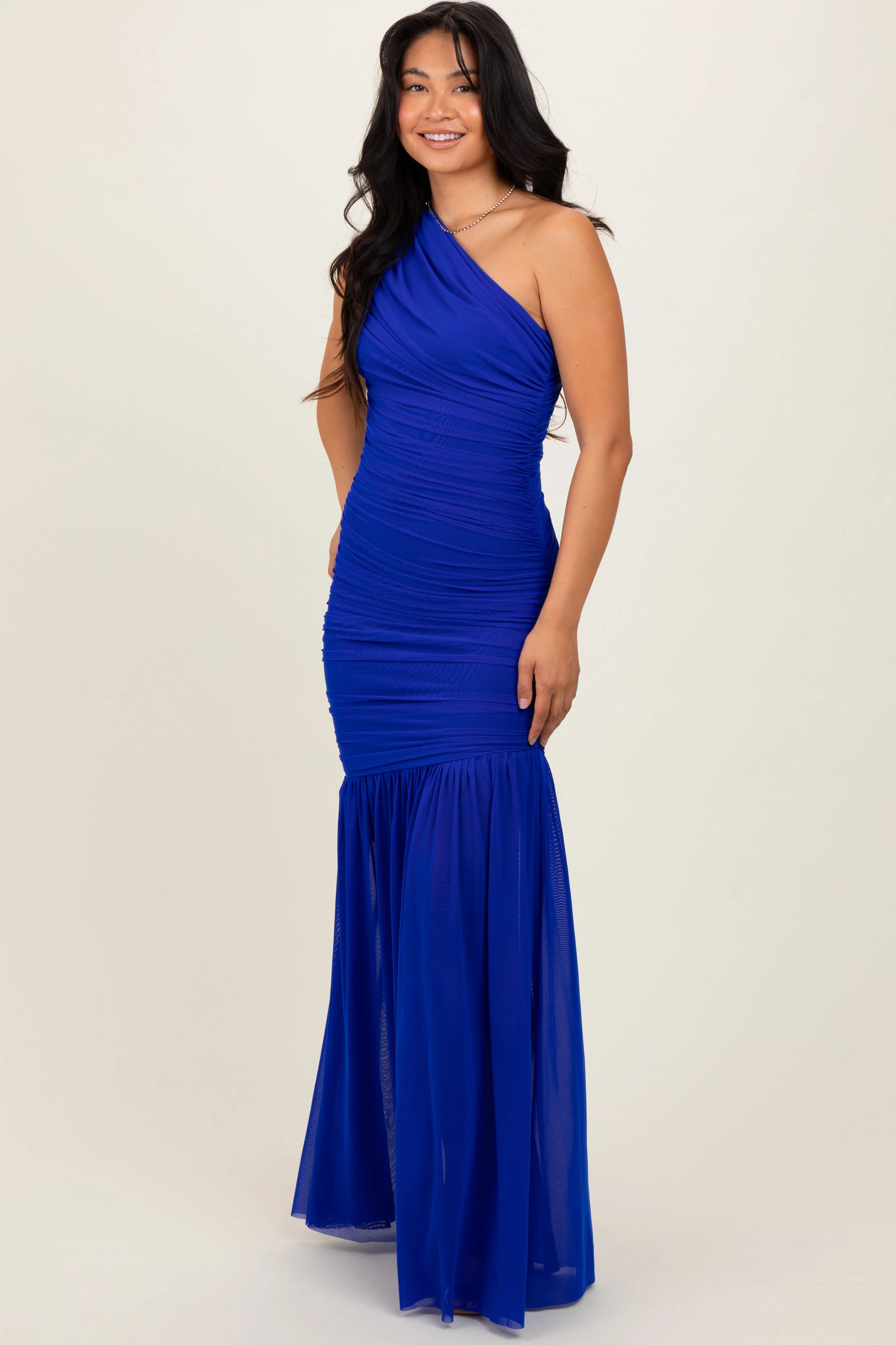 Royal Blue Ruched Mesh One Shoulder Maxi Dress sold by Pinkblush product image thumbnail 2