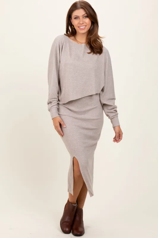Beige Ribbed Knit Asymmetric Top Midi Skirt Set sold by Pinkblush