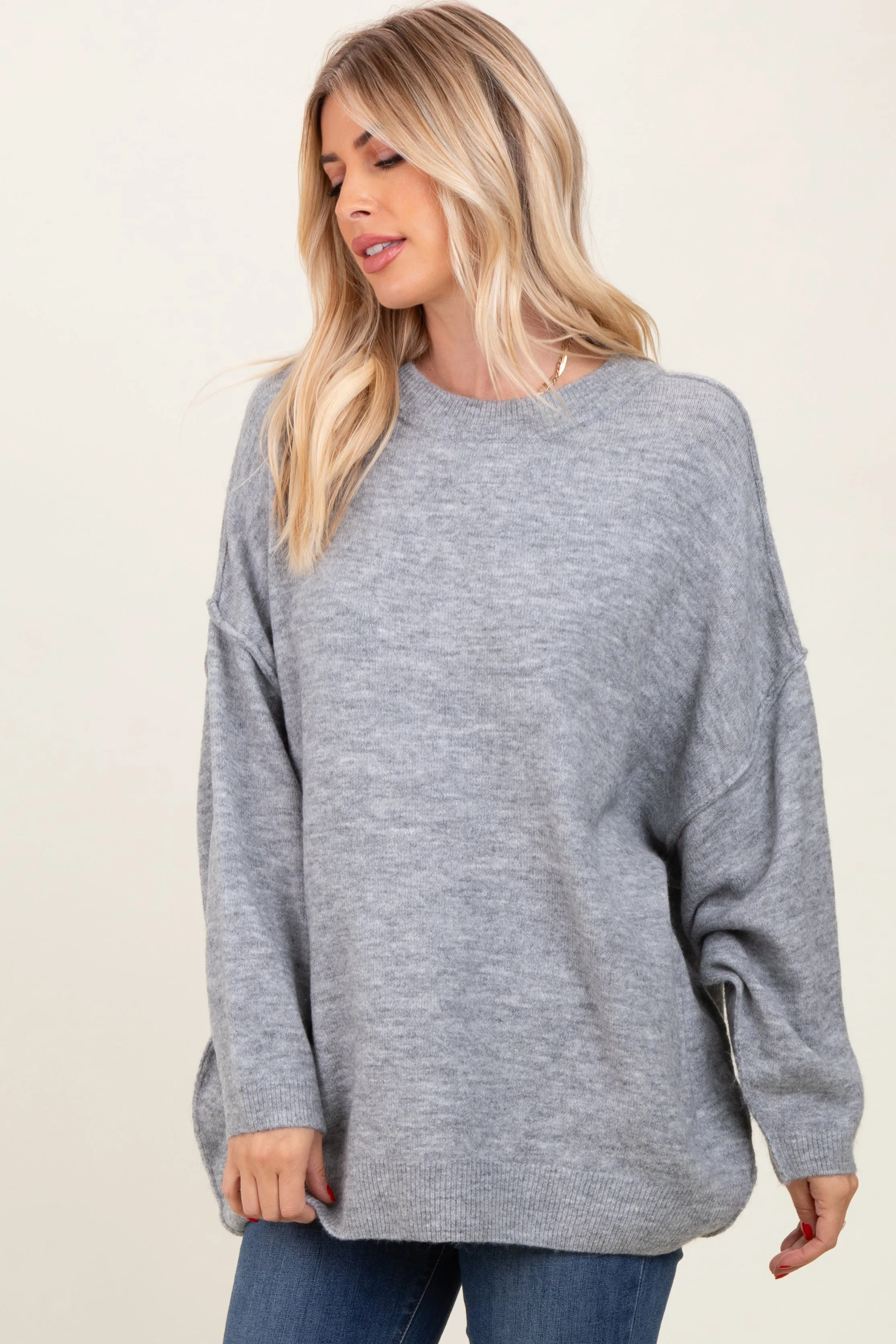 Heather Grey Oversized Crewneck Melange Knit Sweater sold by Pinkblush product image thumbnail 2
