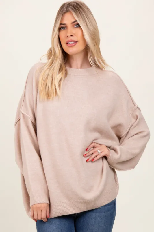 Beige Oversized Crewneck Melange Knit Sweater sold by Pinkblush