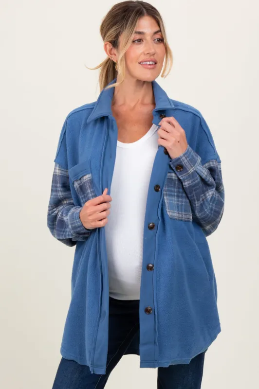 Blue Plaid Contrast Fleece Maternity Shacket sold by Pinkblush