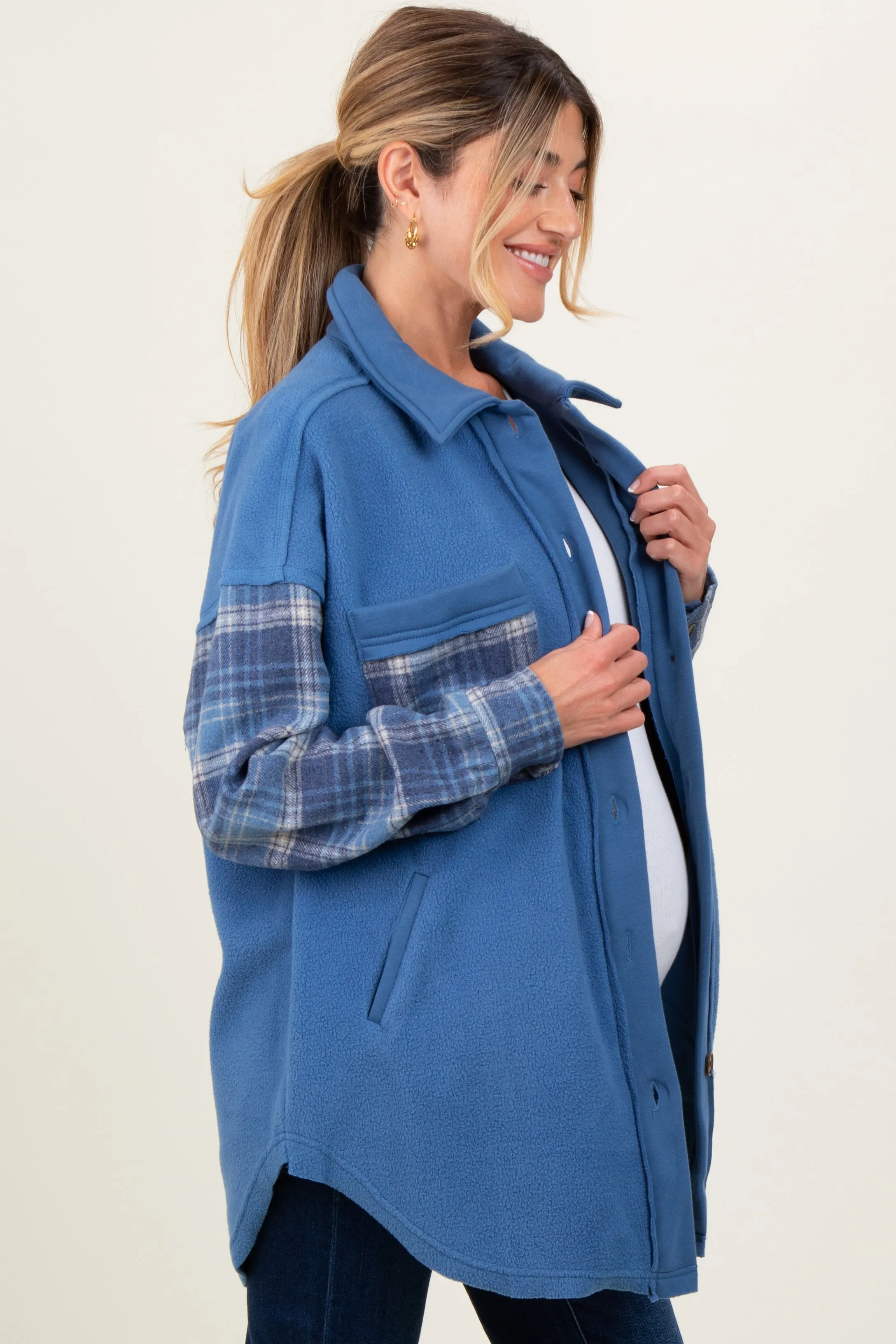 Blue Plaid Contrast Fleece Maternity Shacket sold by Pinkblush product image thumbnail 2