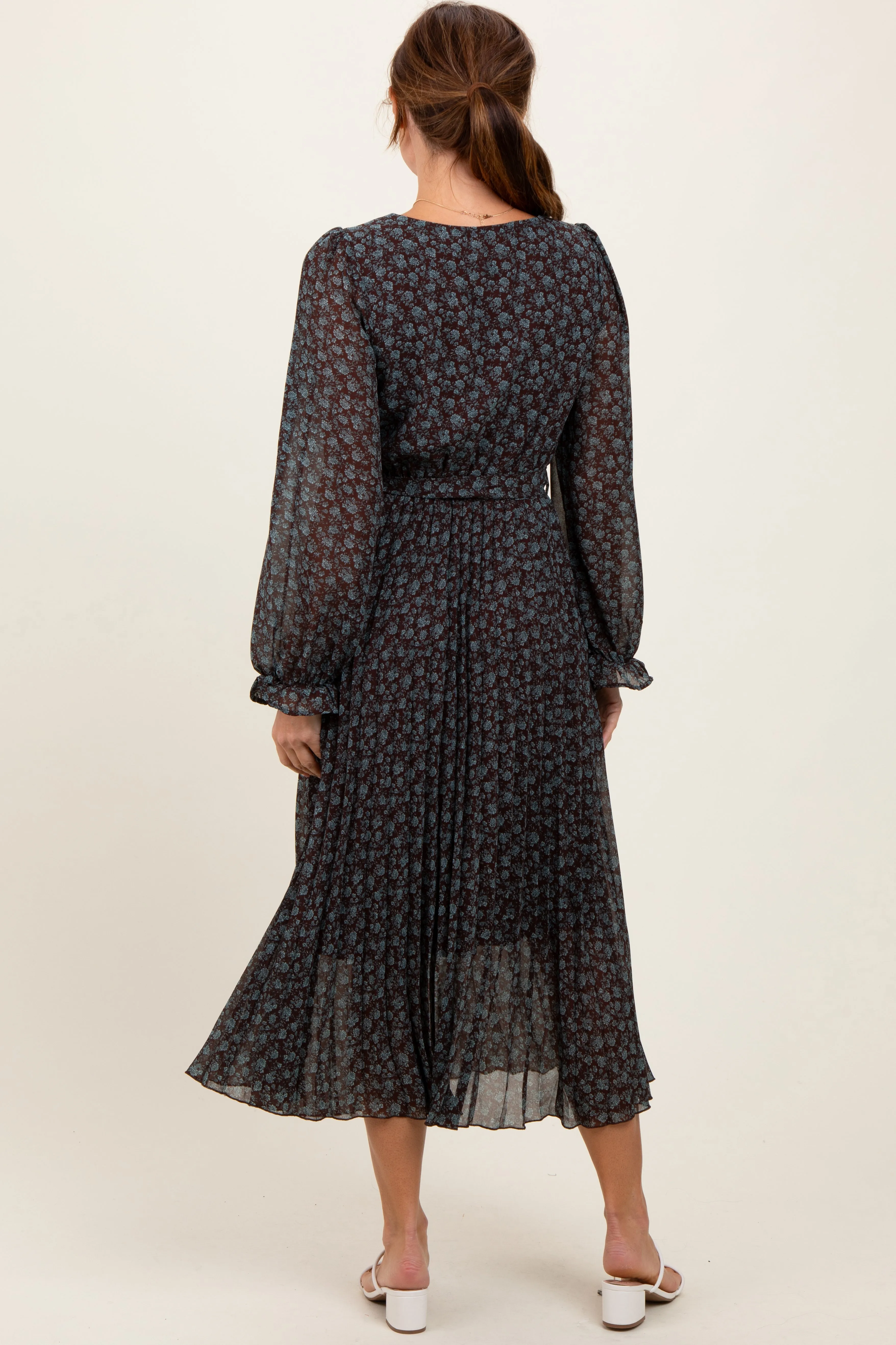 Brown Floral Front Tie Pleated Midi Dress sold by Pinkblush product image thumbnail 4