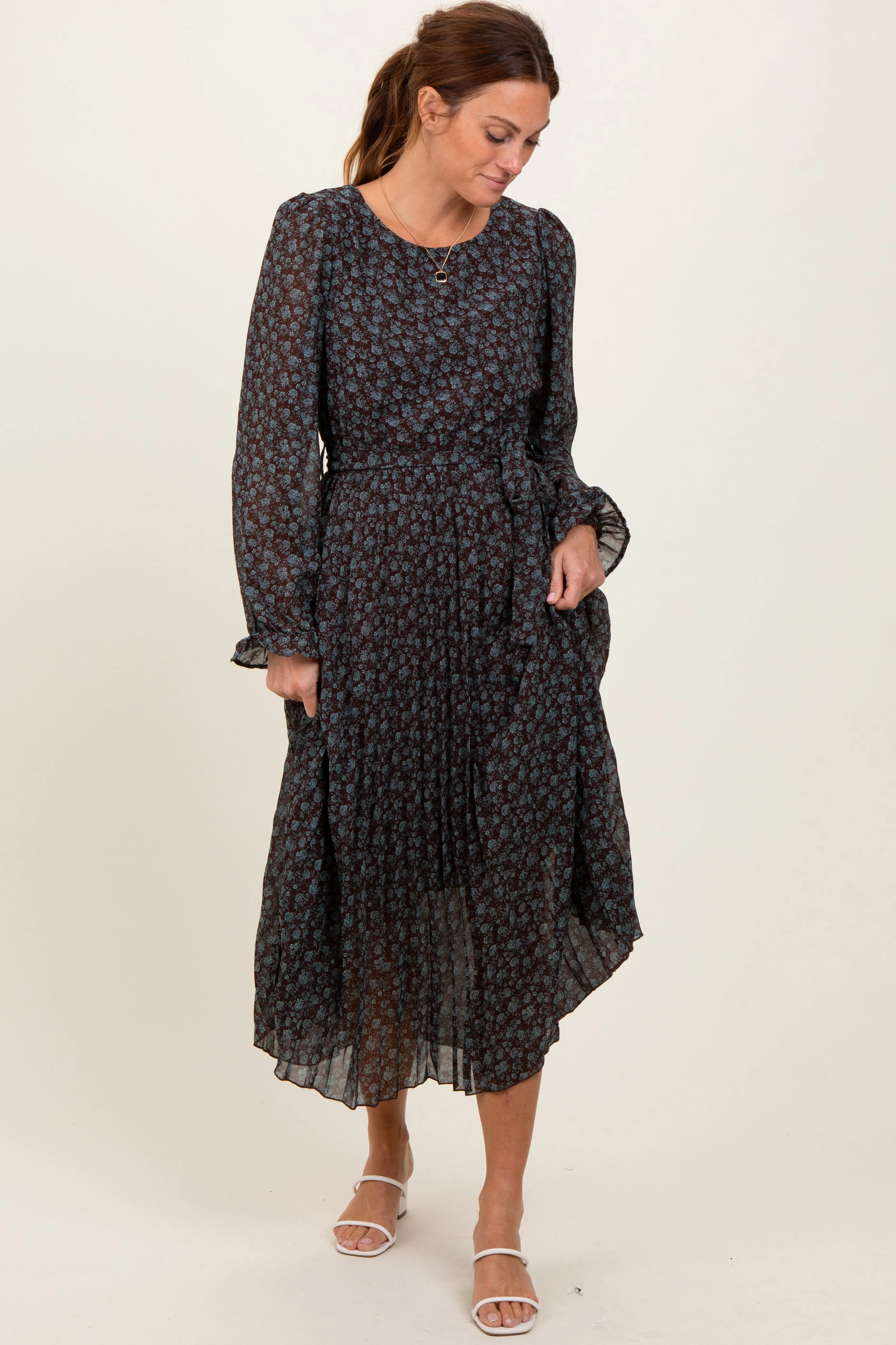 Brown Floral Front Tie Pleated Midi Dress sold by Pinkblush