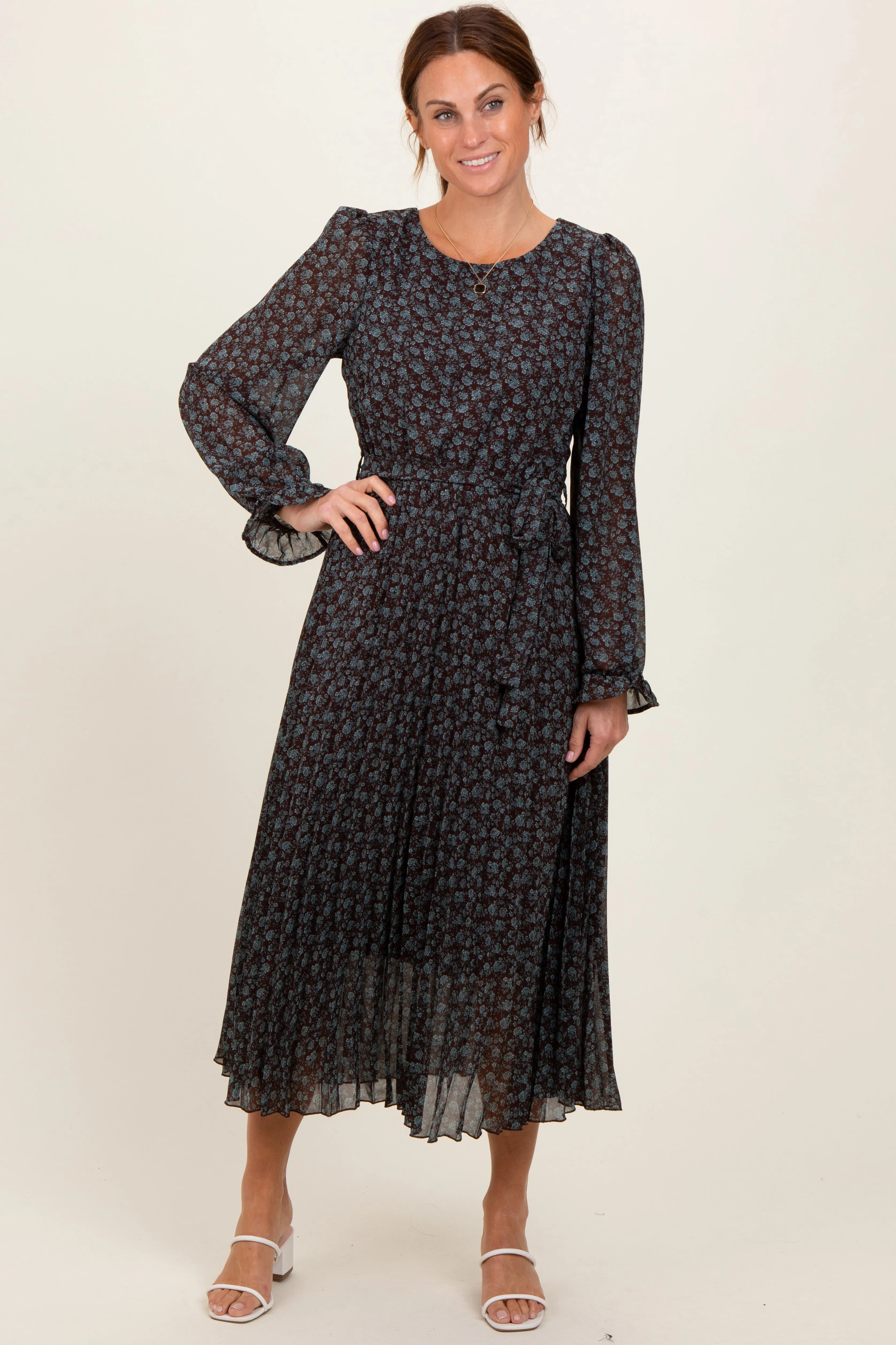 Brown Floral Front Tie Pleated Midi Dress sold by Pinkblush product image thumbnail 2