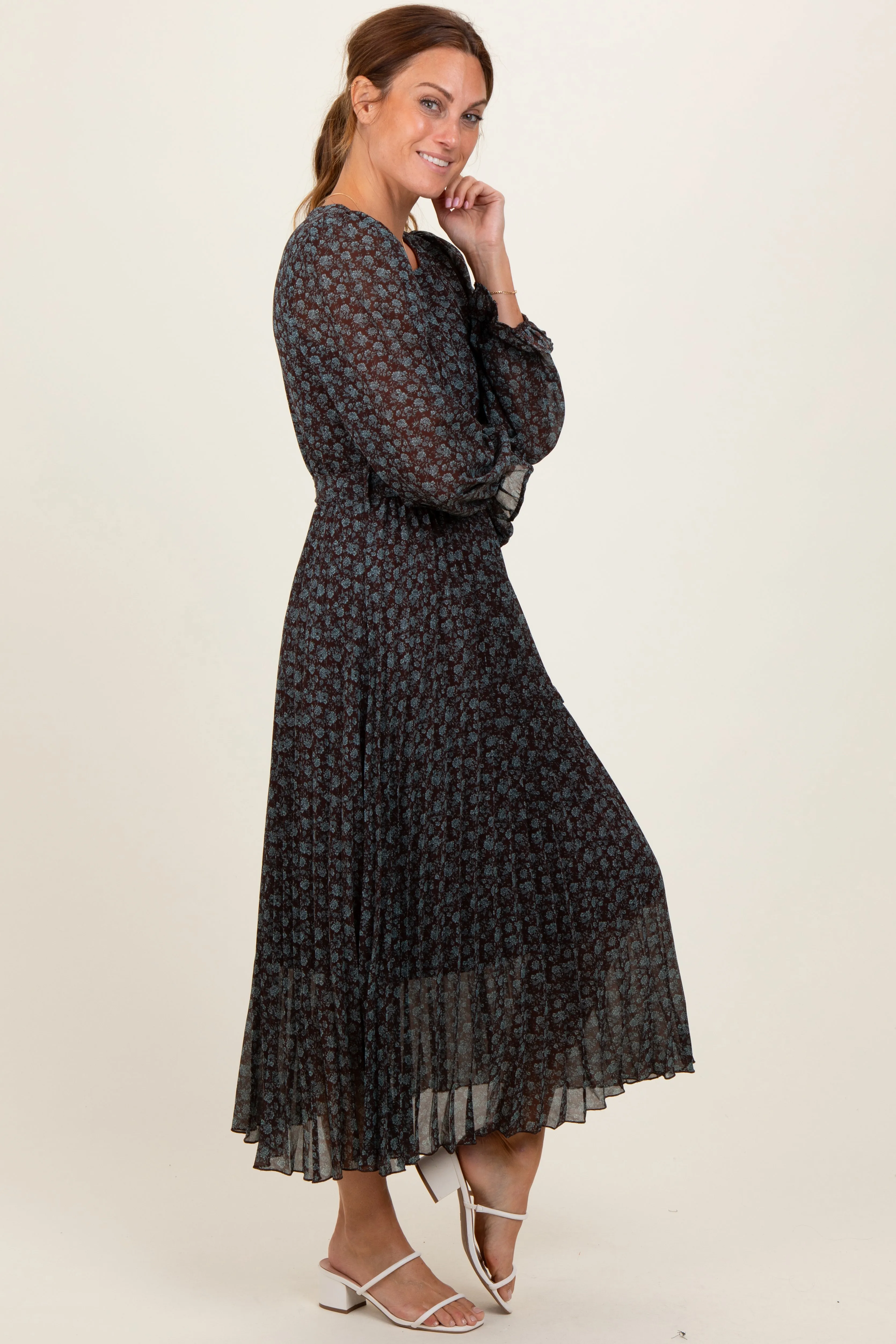 Brown Floral Front Tie Pleated Midi Dress sold by Pinkblush product image thumbnail 3