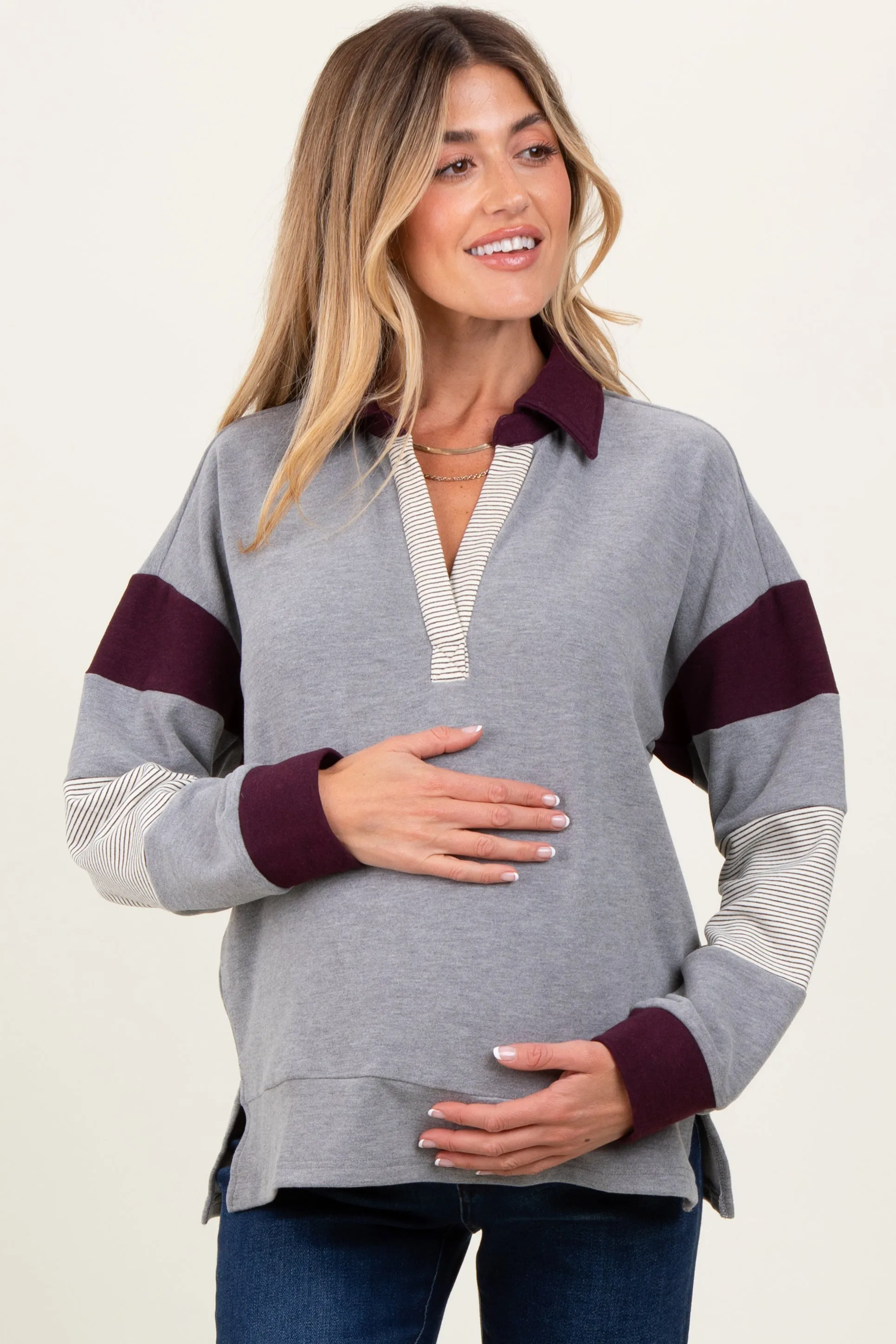 Charcoal Grey Colorblock Stripe Collared Maternity Pullover sold by Pinkblush