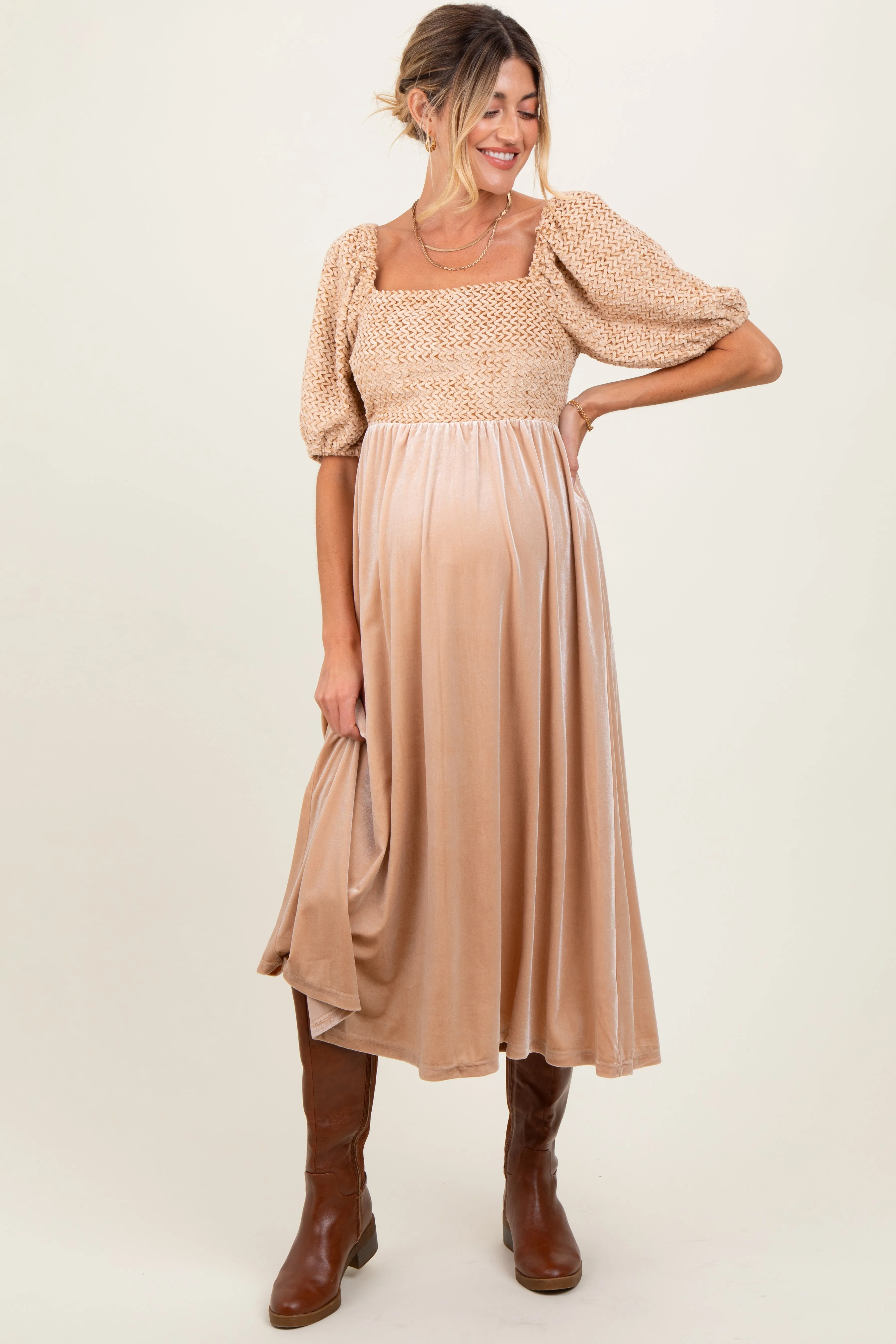 Tan Velvet Contrast Square Neck Maternity Midi Dress sold by Pinkblush product image thumbnail 2