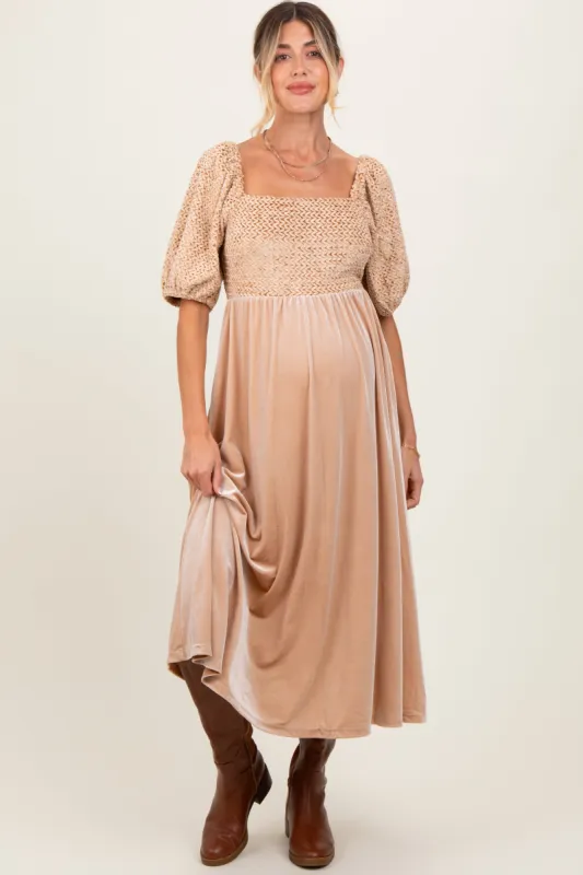 Tan Velvet Contrast Square Neck Maternity Midi Dress made by Pinkblush