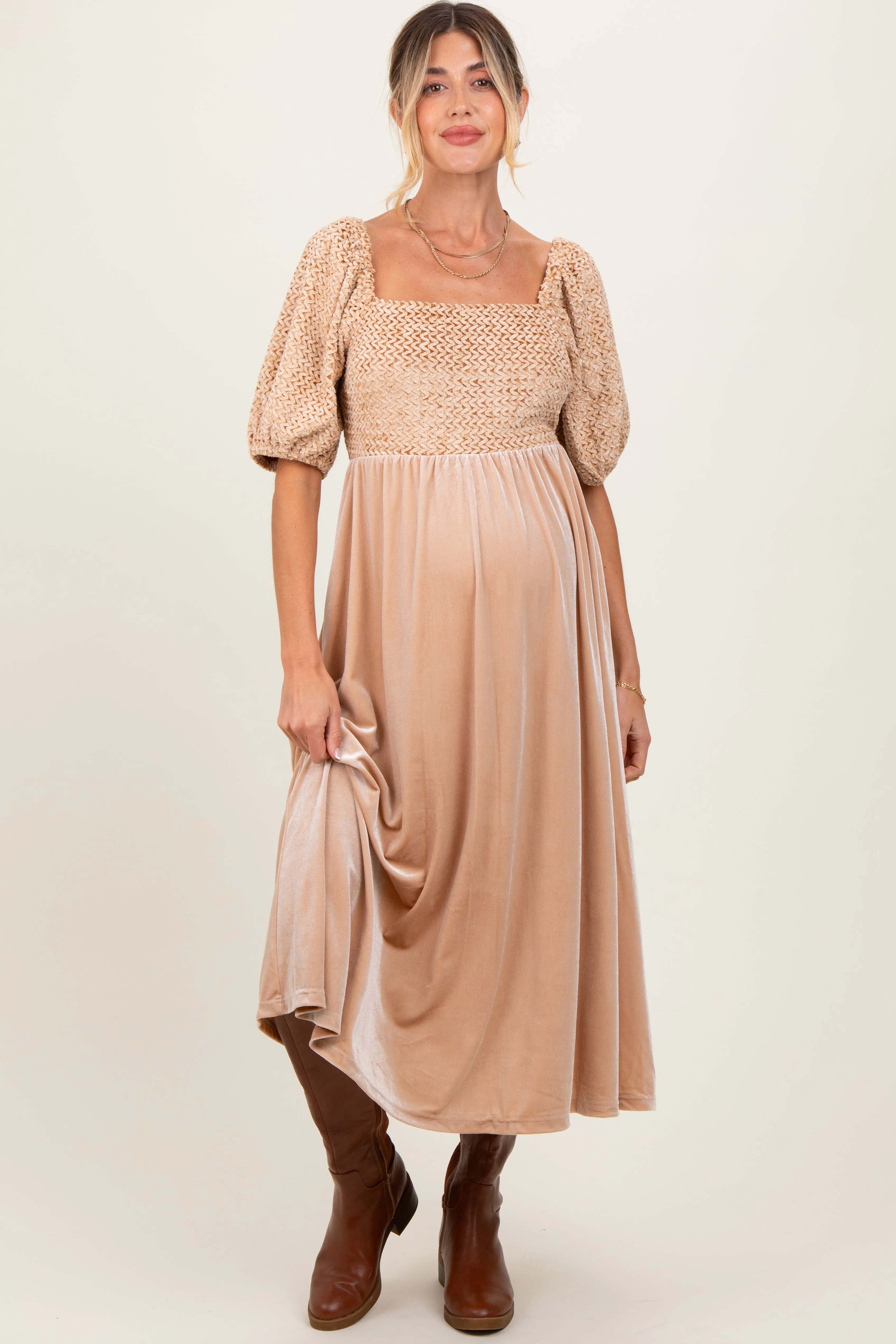 Tan Velvet Contrast Square Neck Maternity Midi Dress sold by Pinkblush
