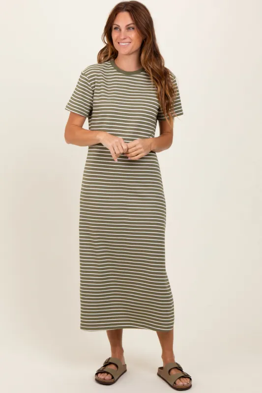 Olive Striped Short Sleeve Side Slit T-Shirt Midi Dress sold by Pinkblush