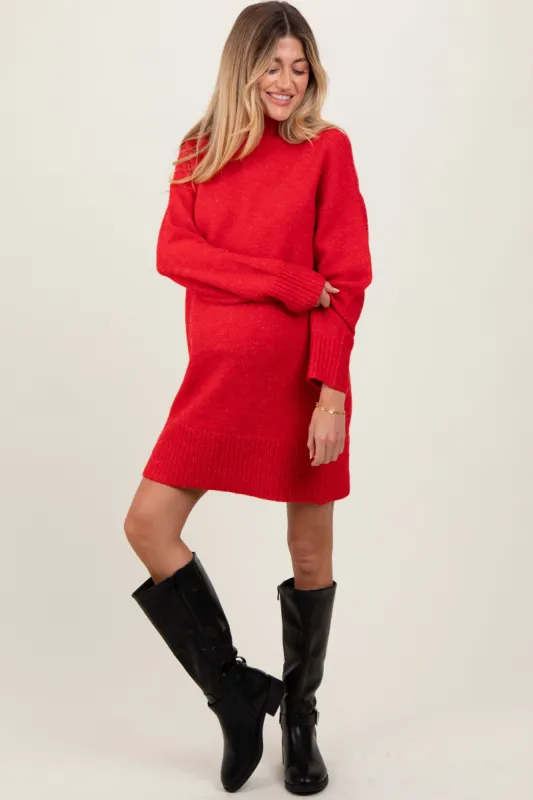 Red Chunky Knit Turtleneck Maternity Mini Sweater Dress sold by Pinkblush