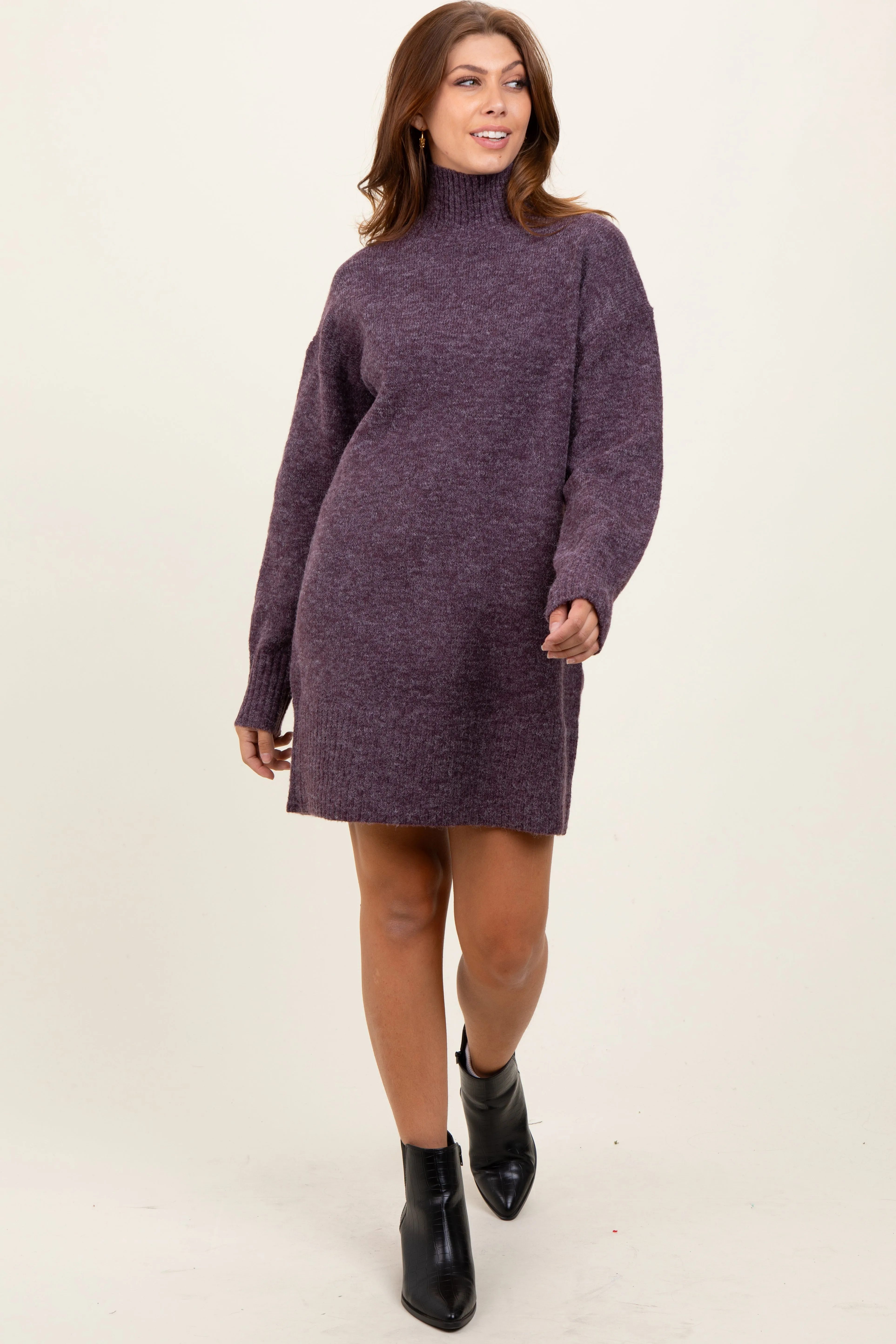 Purple Chunky Knit Turtleneck Maternity Mini Sweater Dress sold by Pinkblush product image thumbnail 4