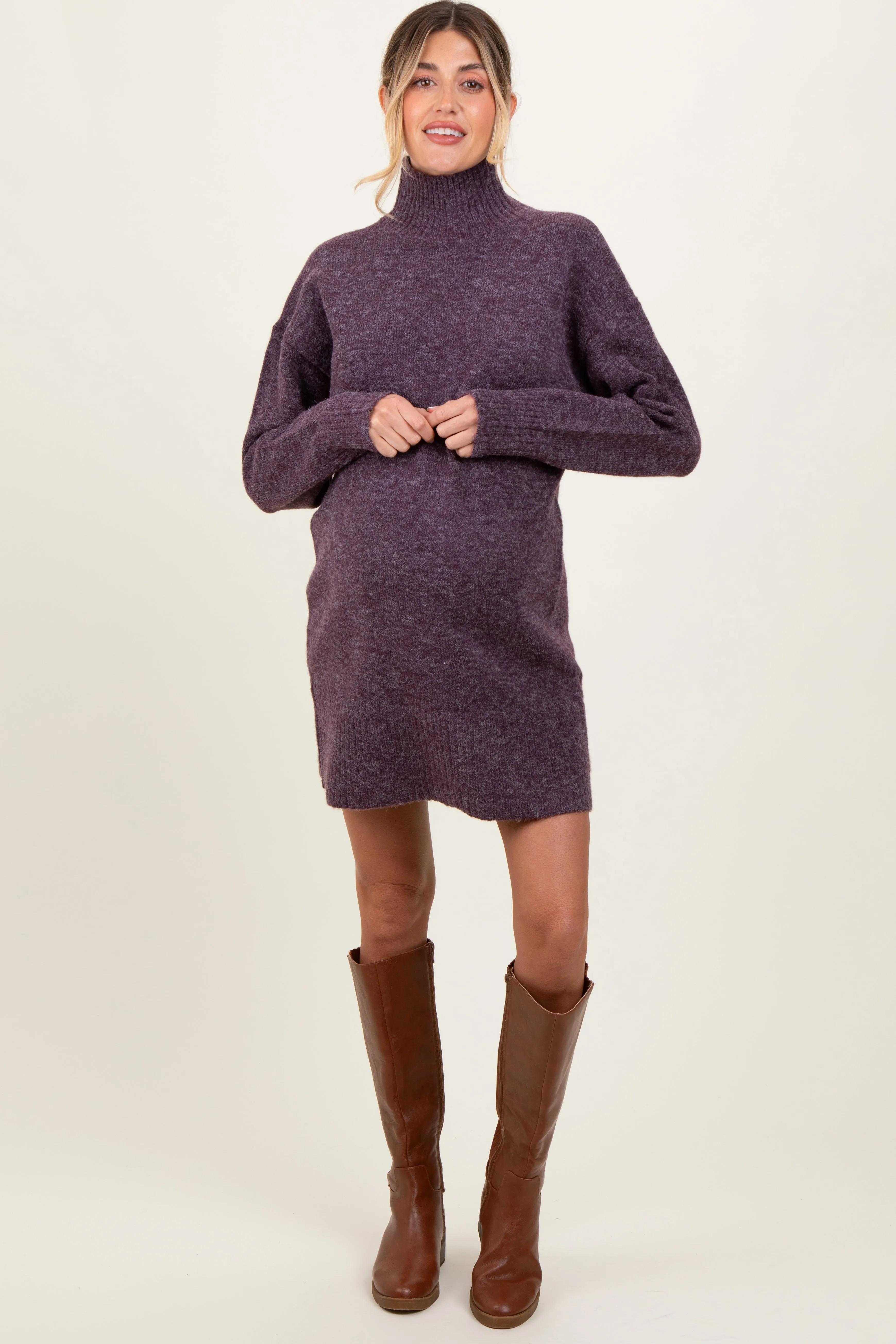 Purple Chunky Knit Turtleneck Maternity Mini Sweater Dress sold by Pinkblush