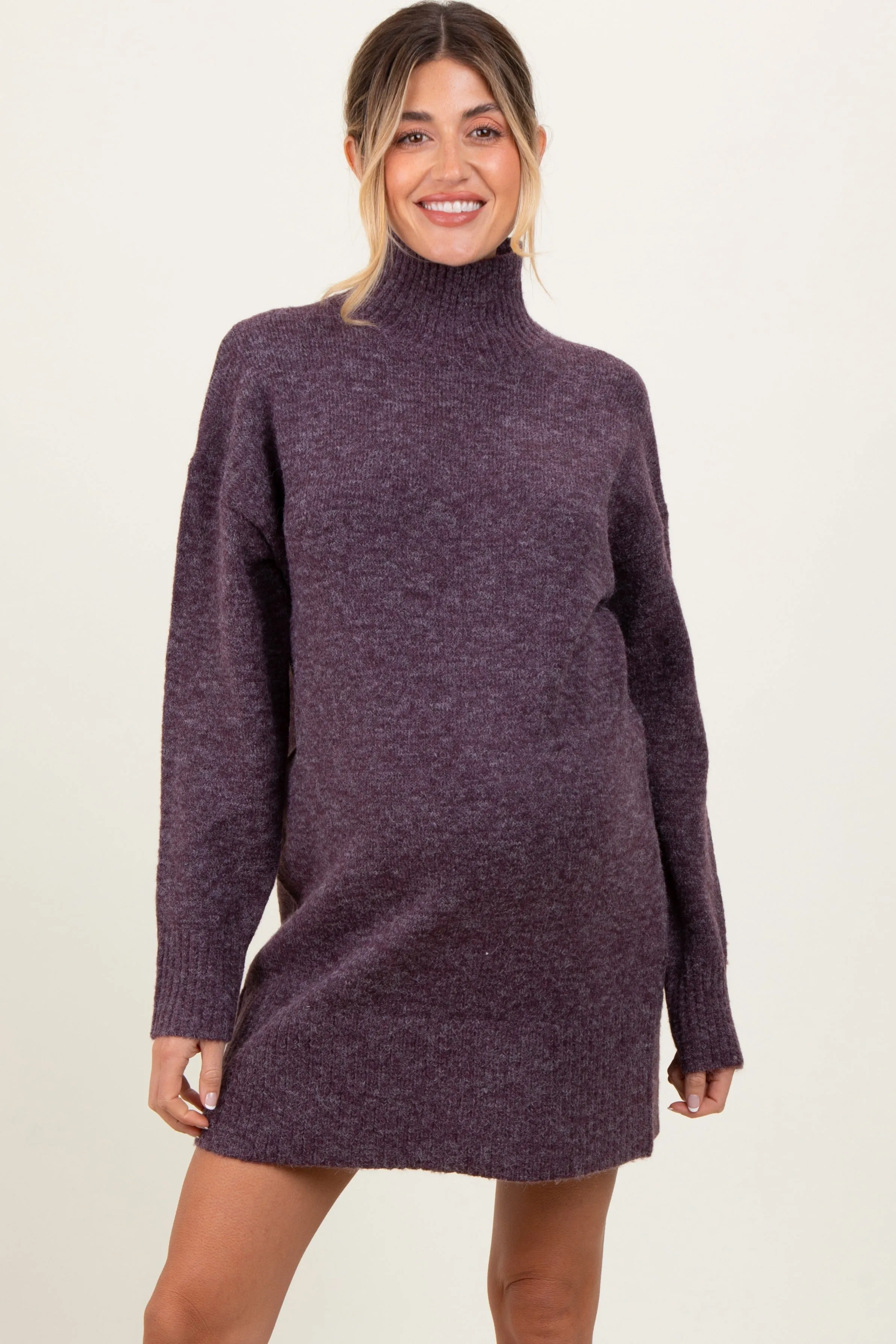 Purple Chunky Knit Turtleneck Maternity Mini Sweater Dress sold by Pinkblush product image thumbnail 2