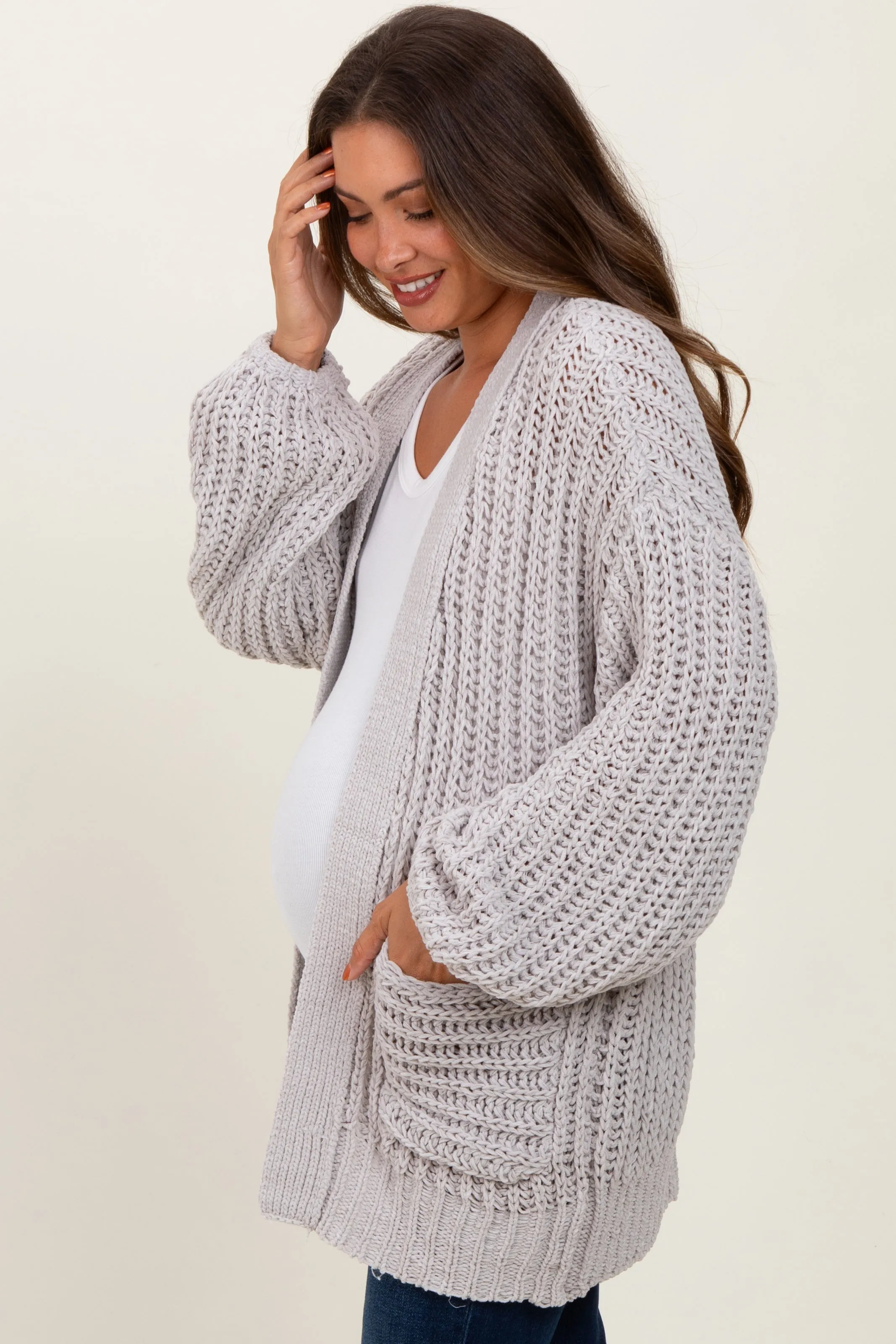 Heather Grey Chunky Knit Oversized Maternity Pocket Cardigan sold by Pinkblush product image thumbnail 3