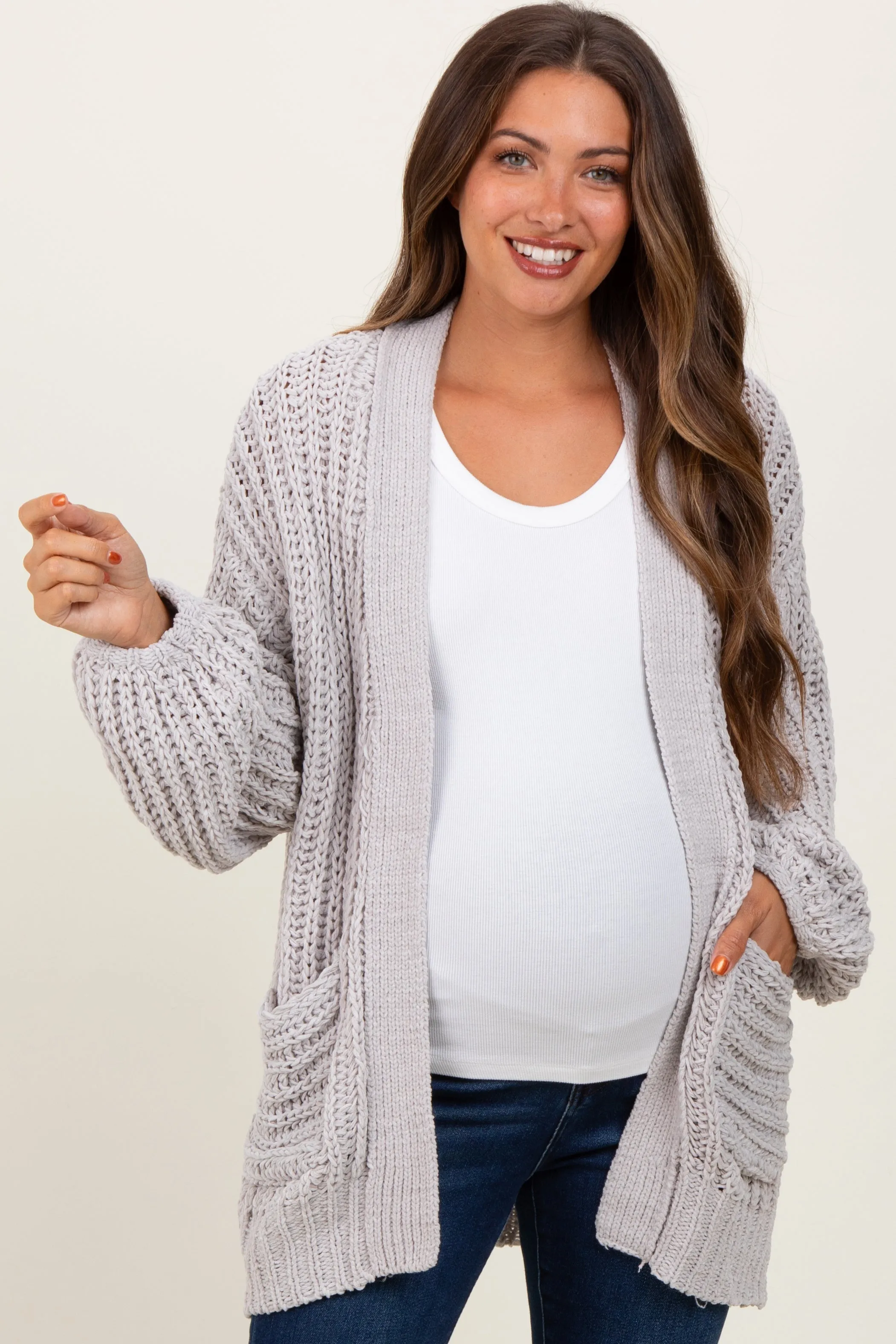 Heather Grey Chunky Knit Oversized Maternity Pocket Cardigan sold by Pinkblush